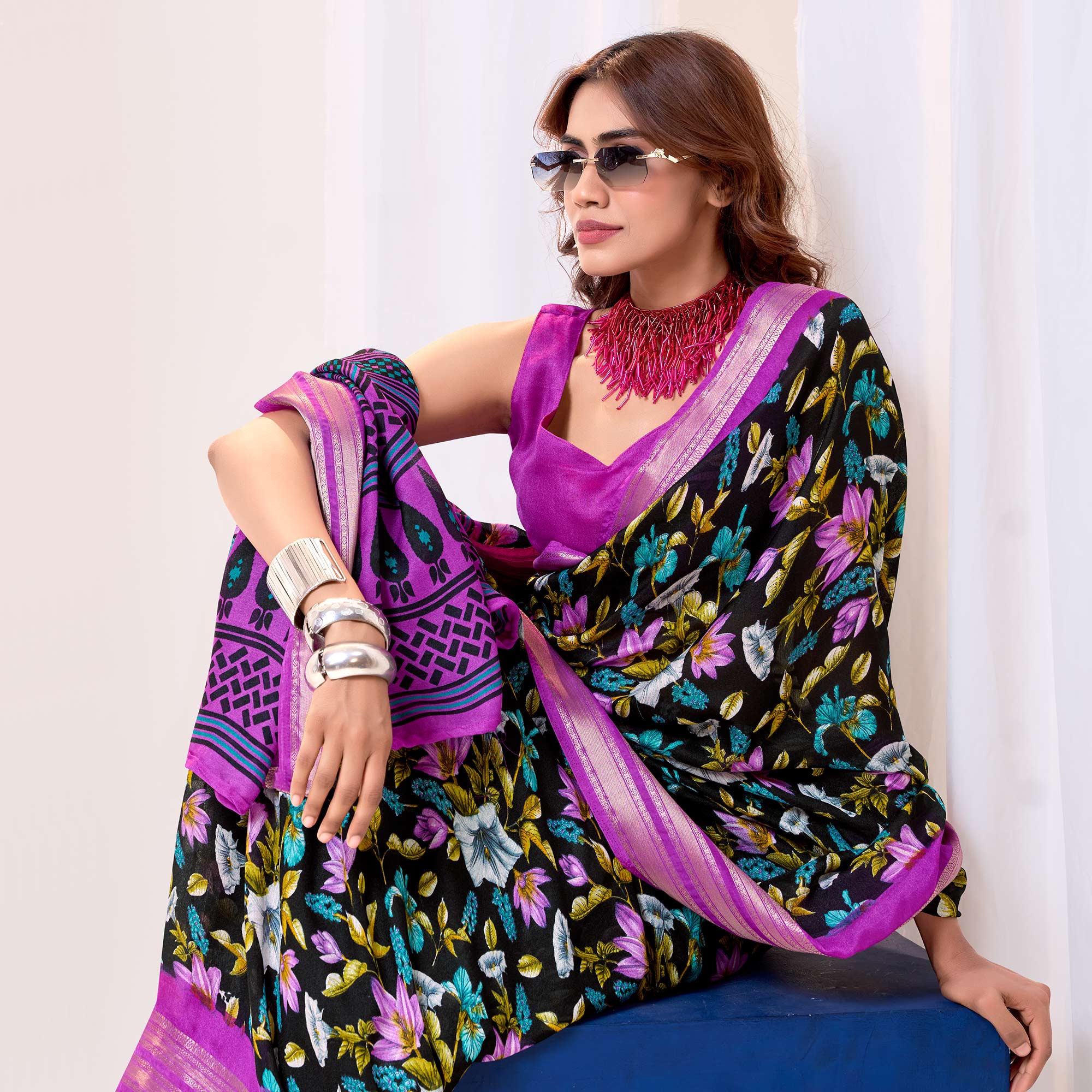 Black & Purple Floral Printed Cotton Blend Saree With Woven Border