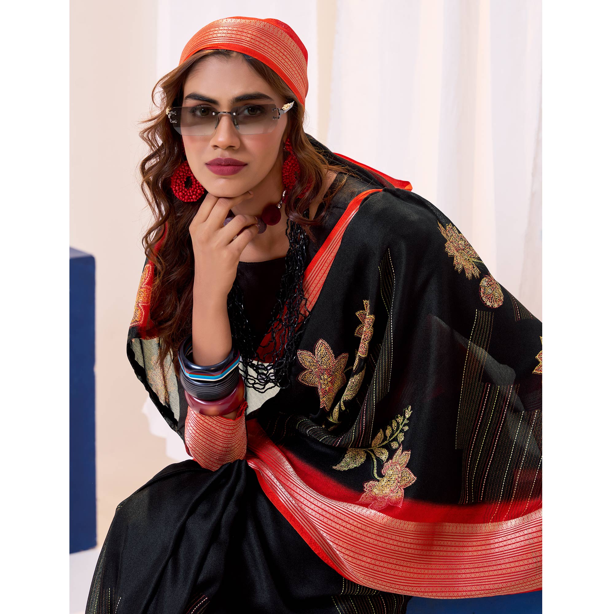 Black & Red Floral Printed Cotton Blend Saree With Woven Border