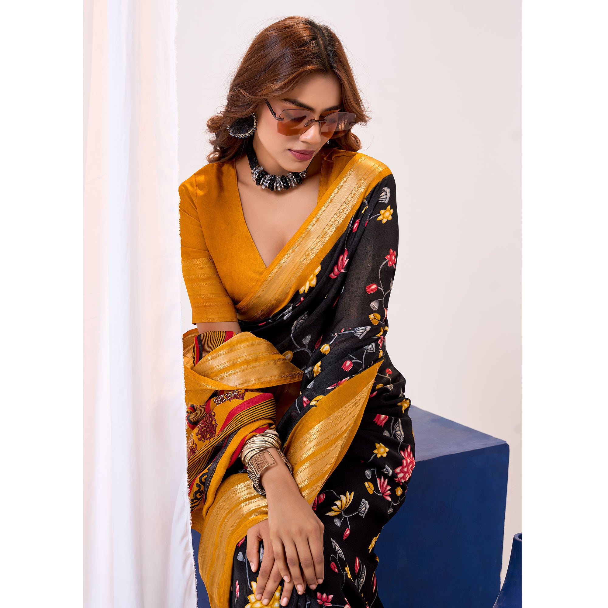 Black & Mustard Floral Printed Cotton Blend Saree With Woven Border