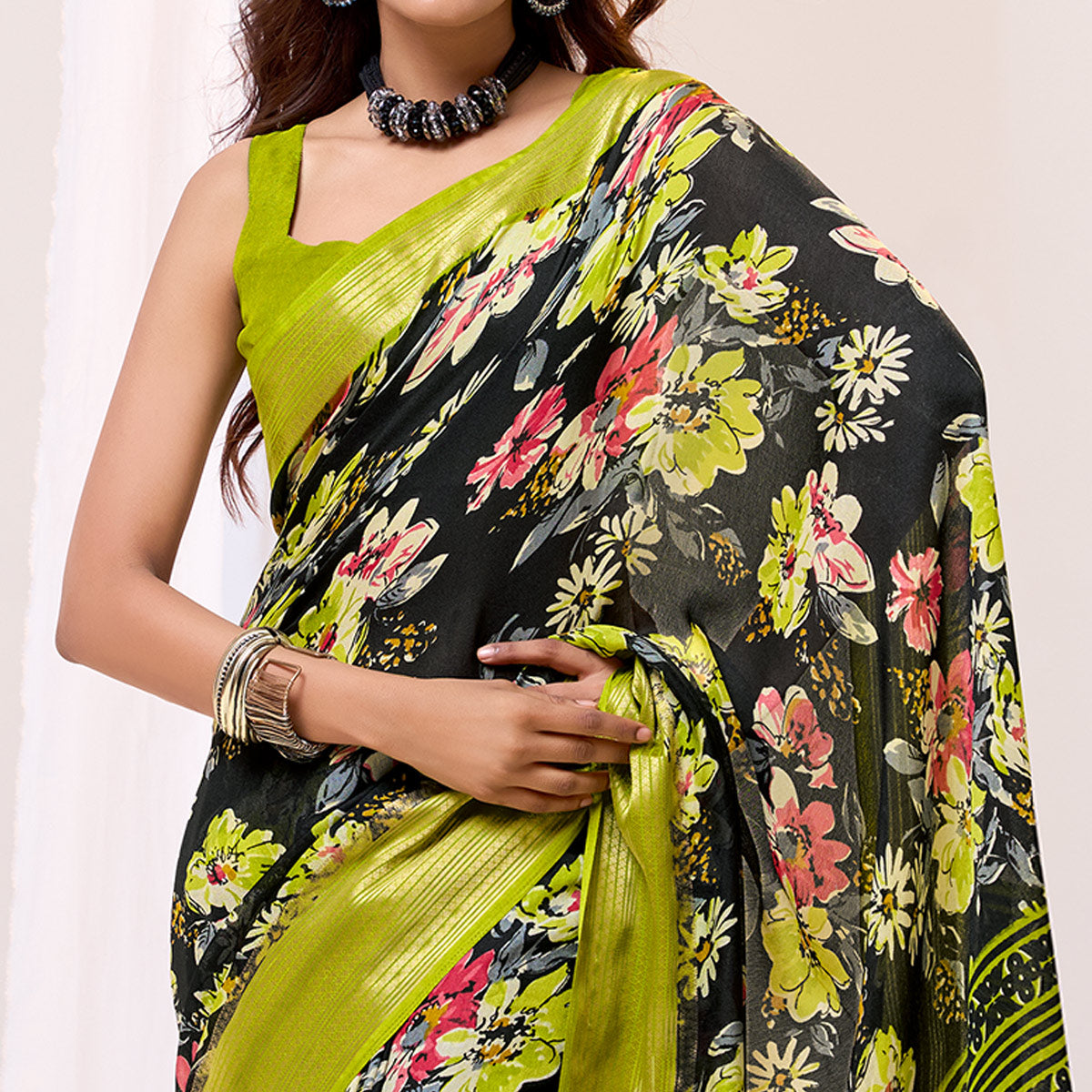 Black & Green Floral Printed Cotton Blend Saree With Woven Border