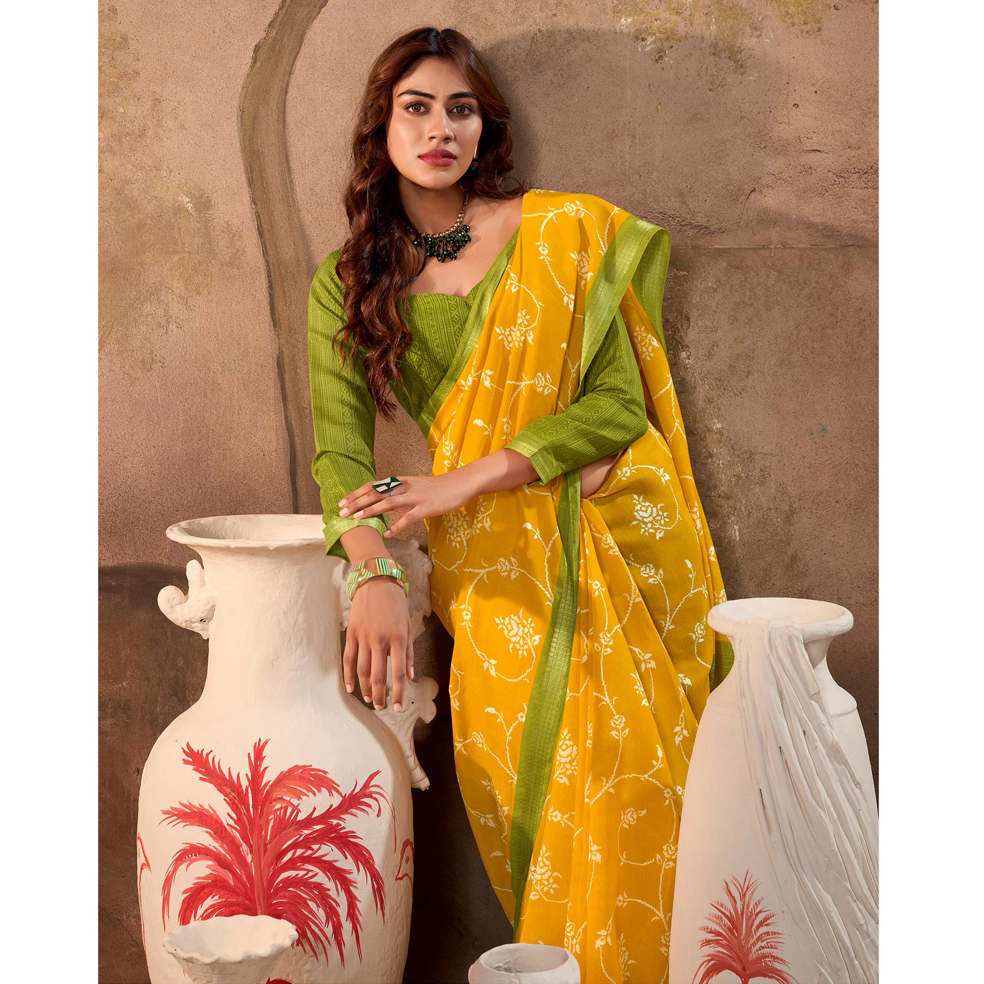 Mustard Floral Printed Pure Cotton Saree