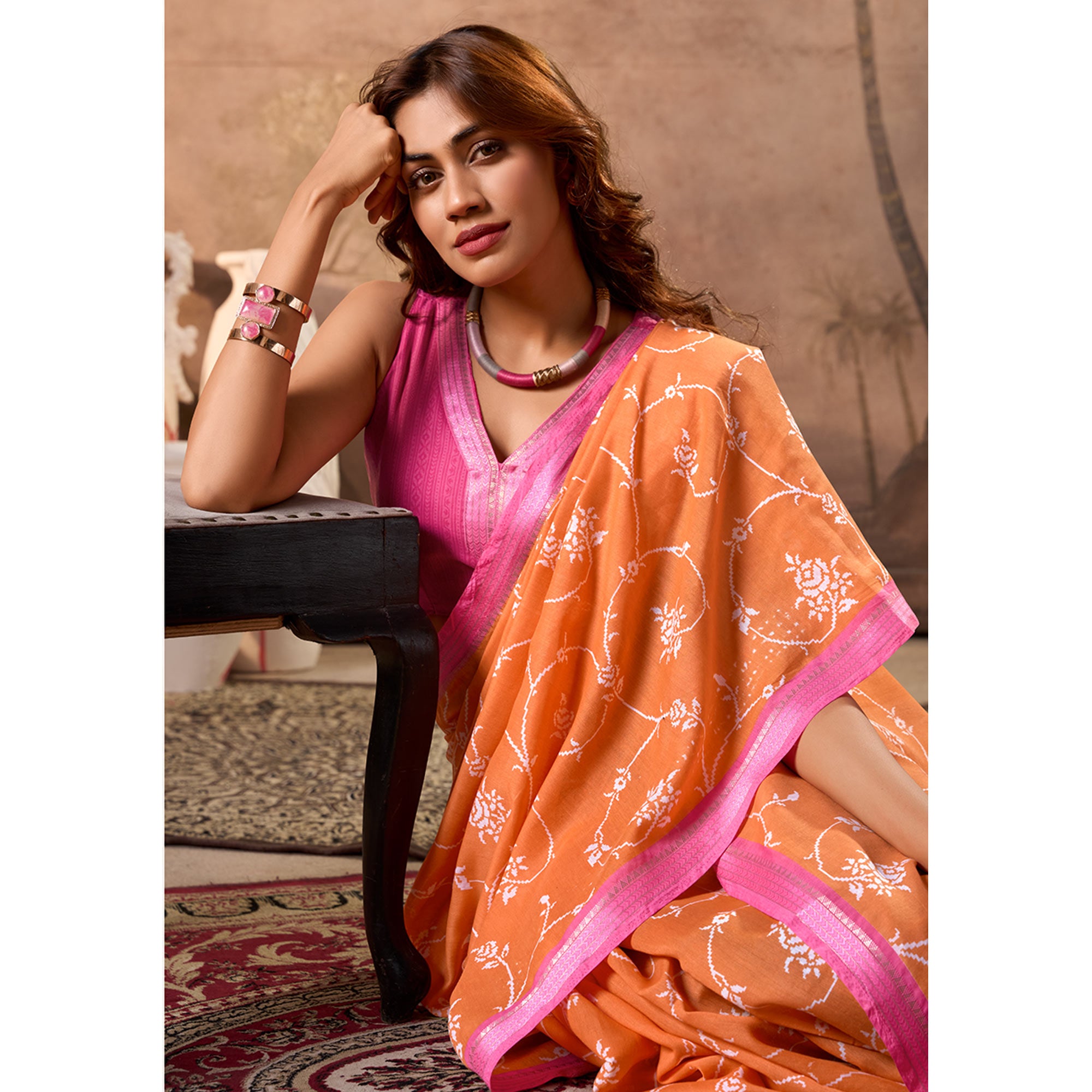 Orange Floral Printed Pure Cotton Saree