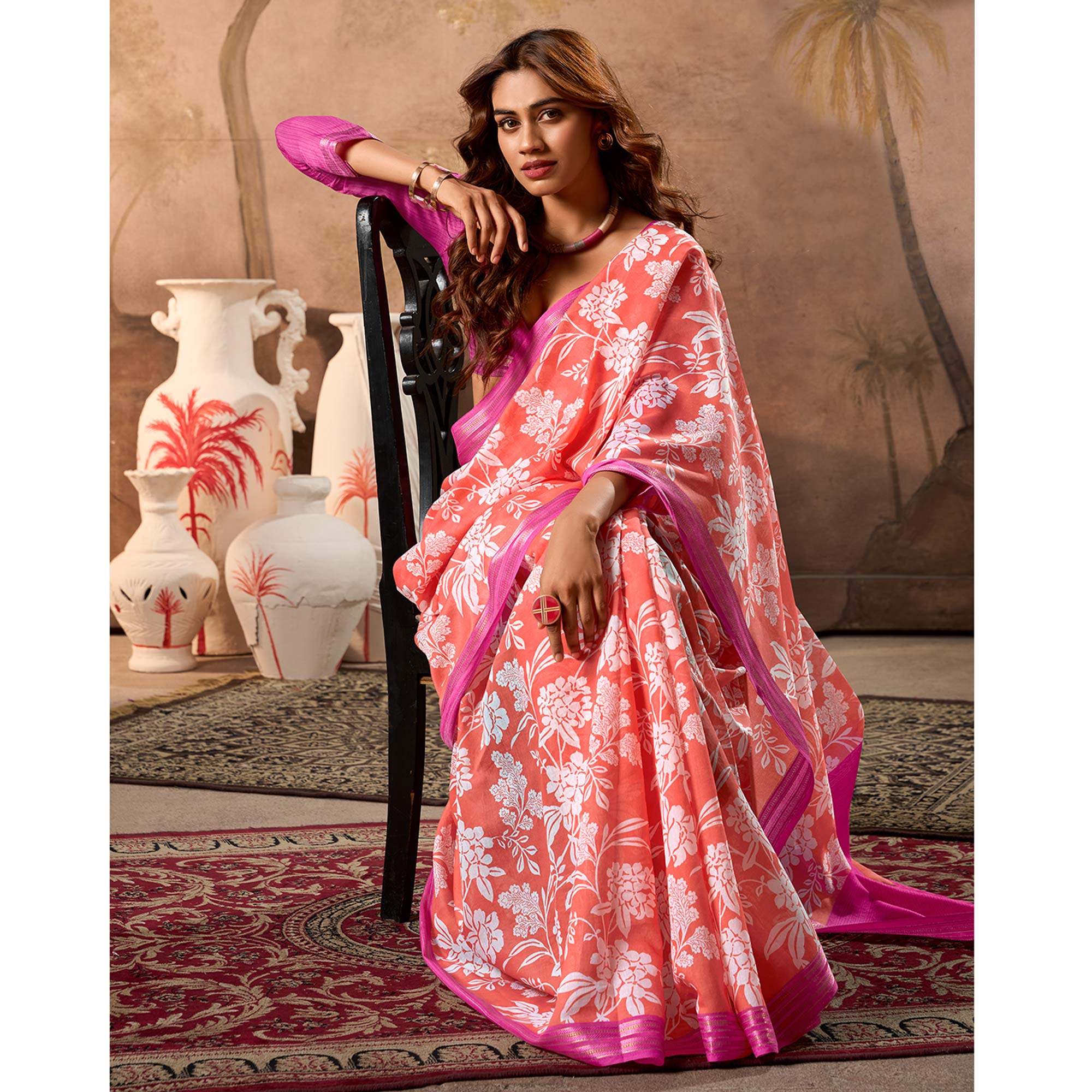 Peach Floral Printed Pure Cotton Saree