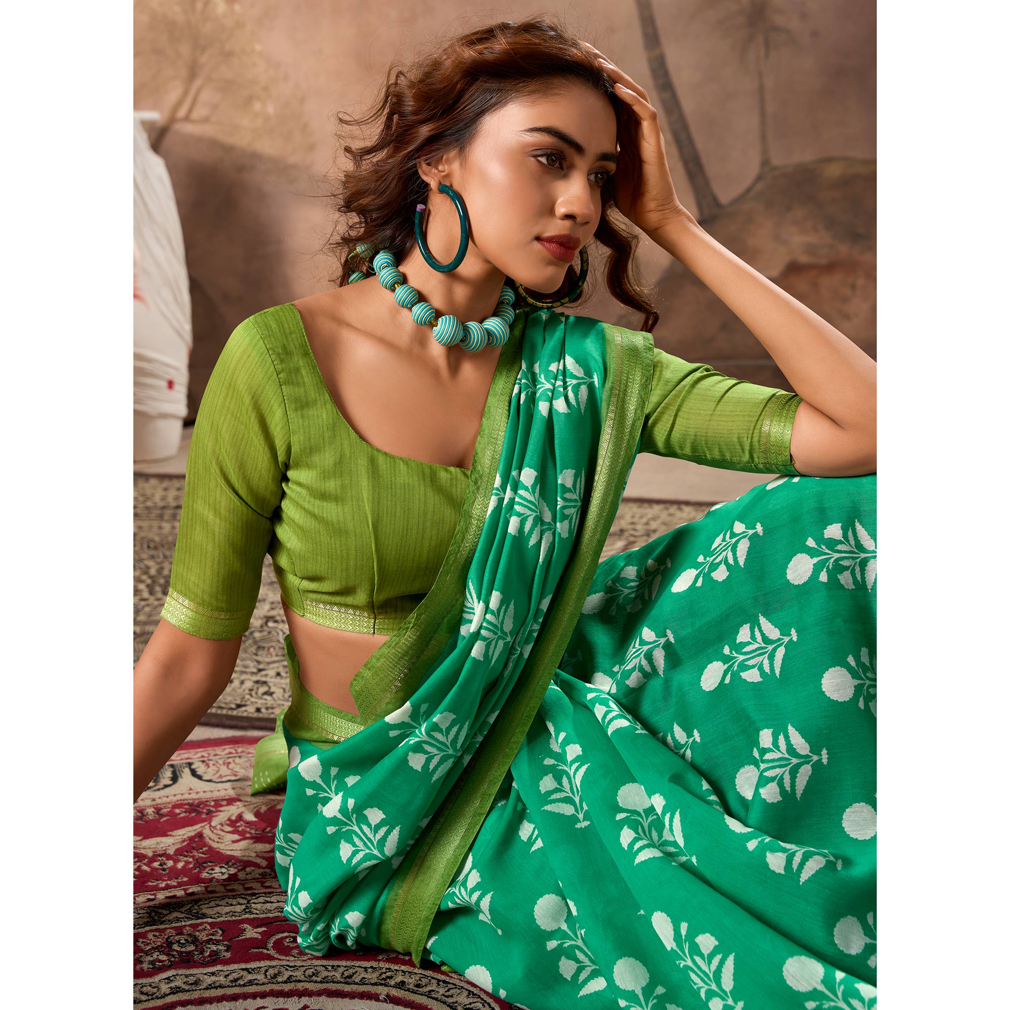 Rama Green Floral Printed Pure Cotton Saree