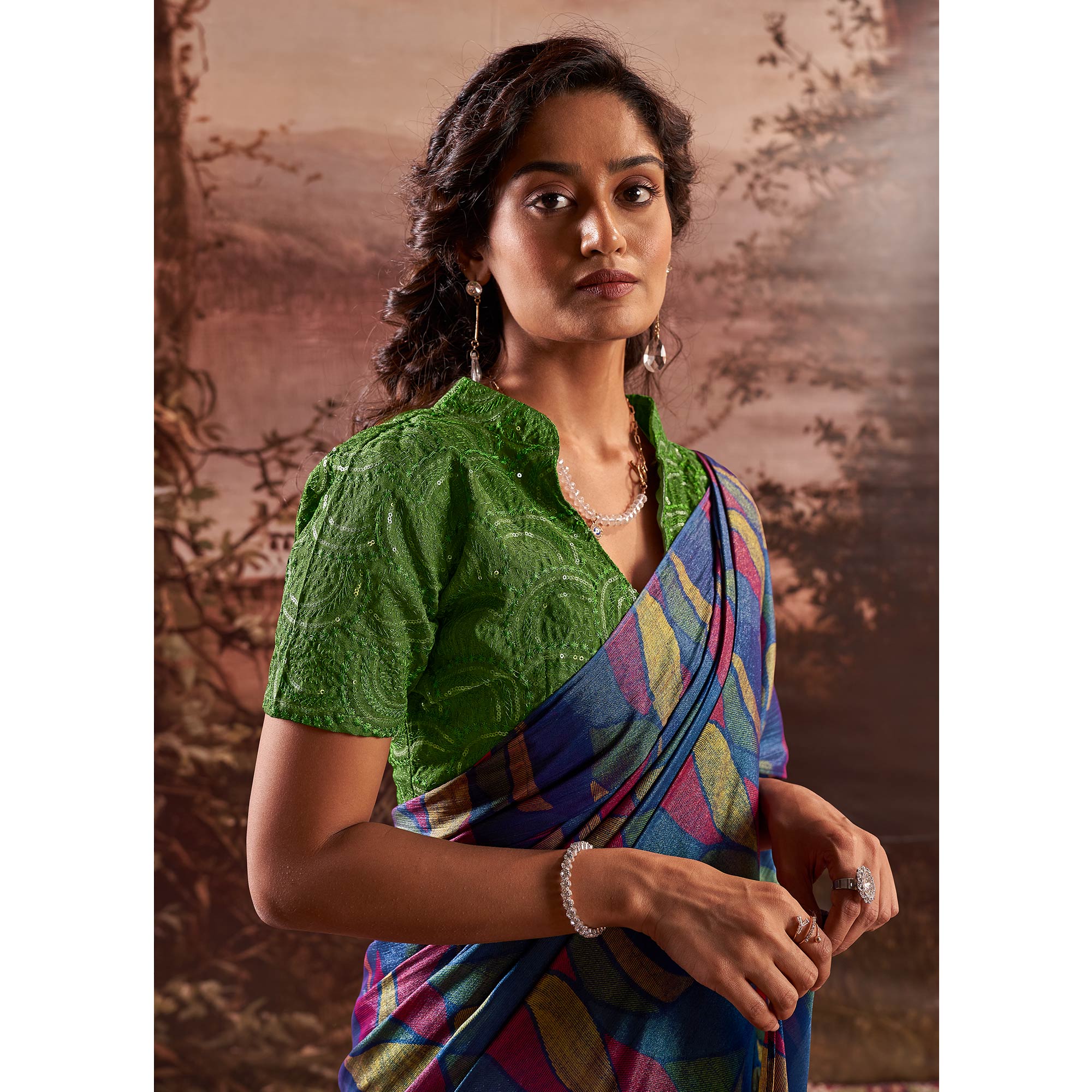 Blue Printed Nylon Saree With Tassels