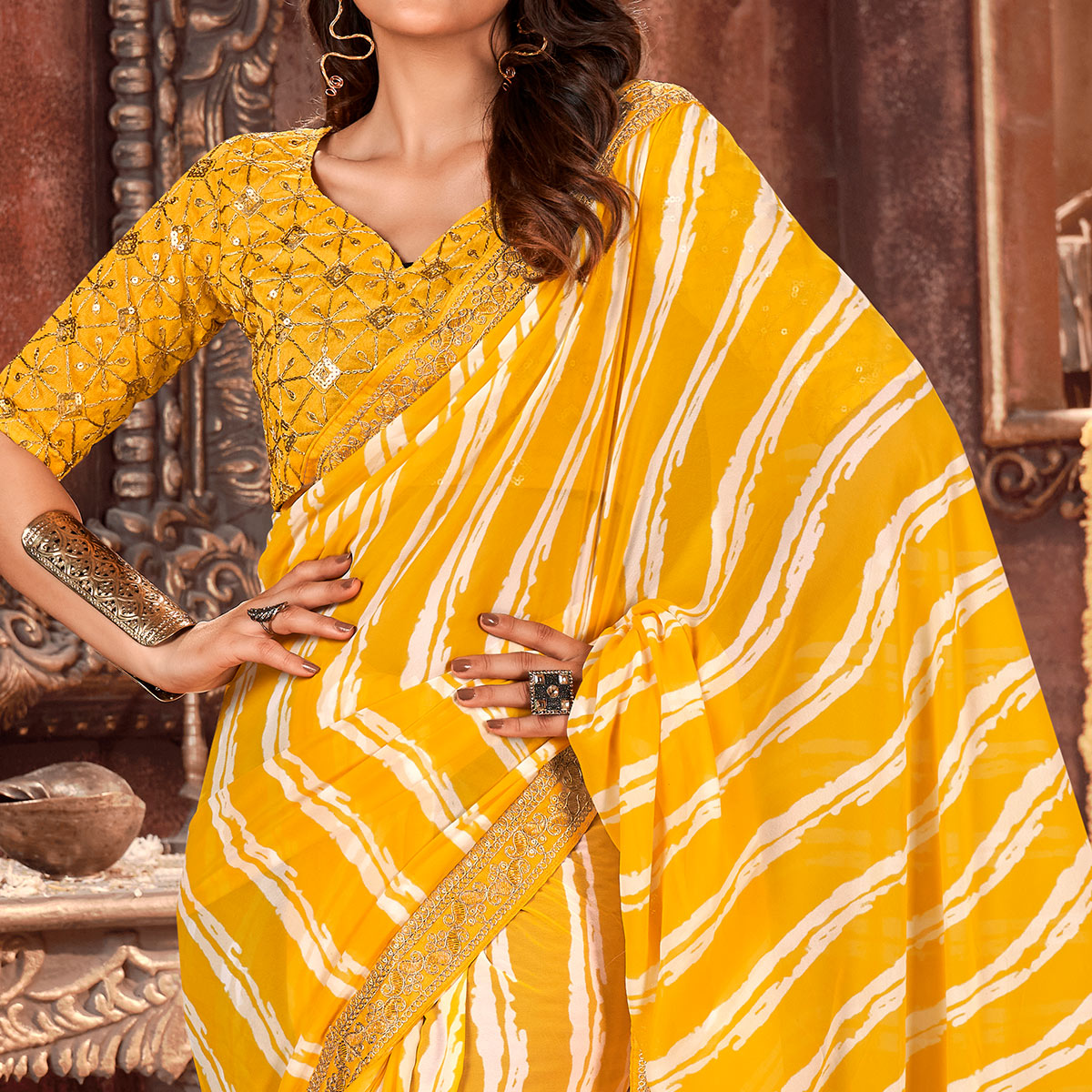Yellow Striped Printed Georgette Saree