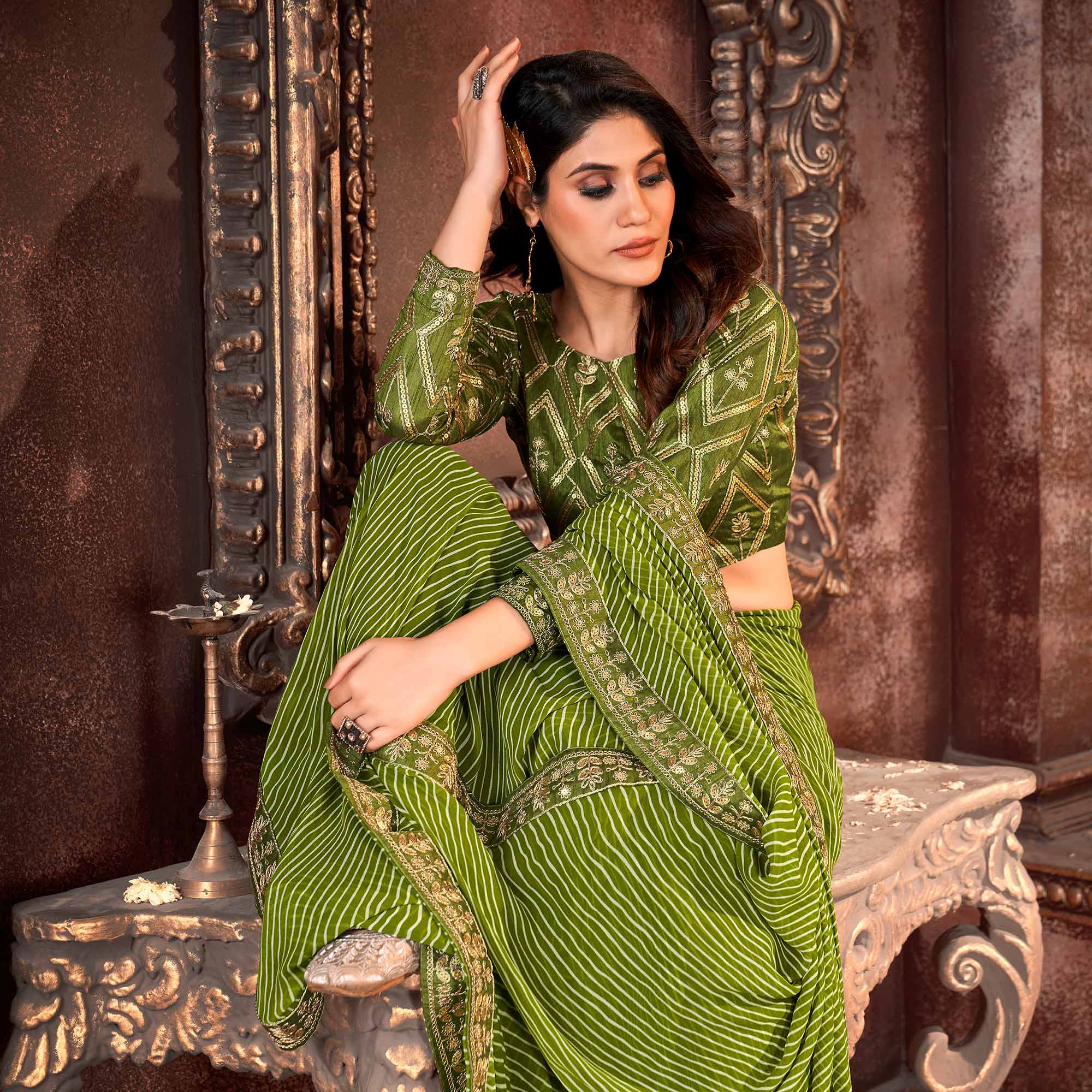 Green Striped Printed Georgette Saree