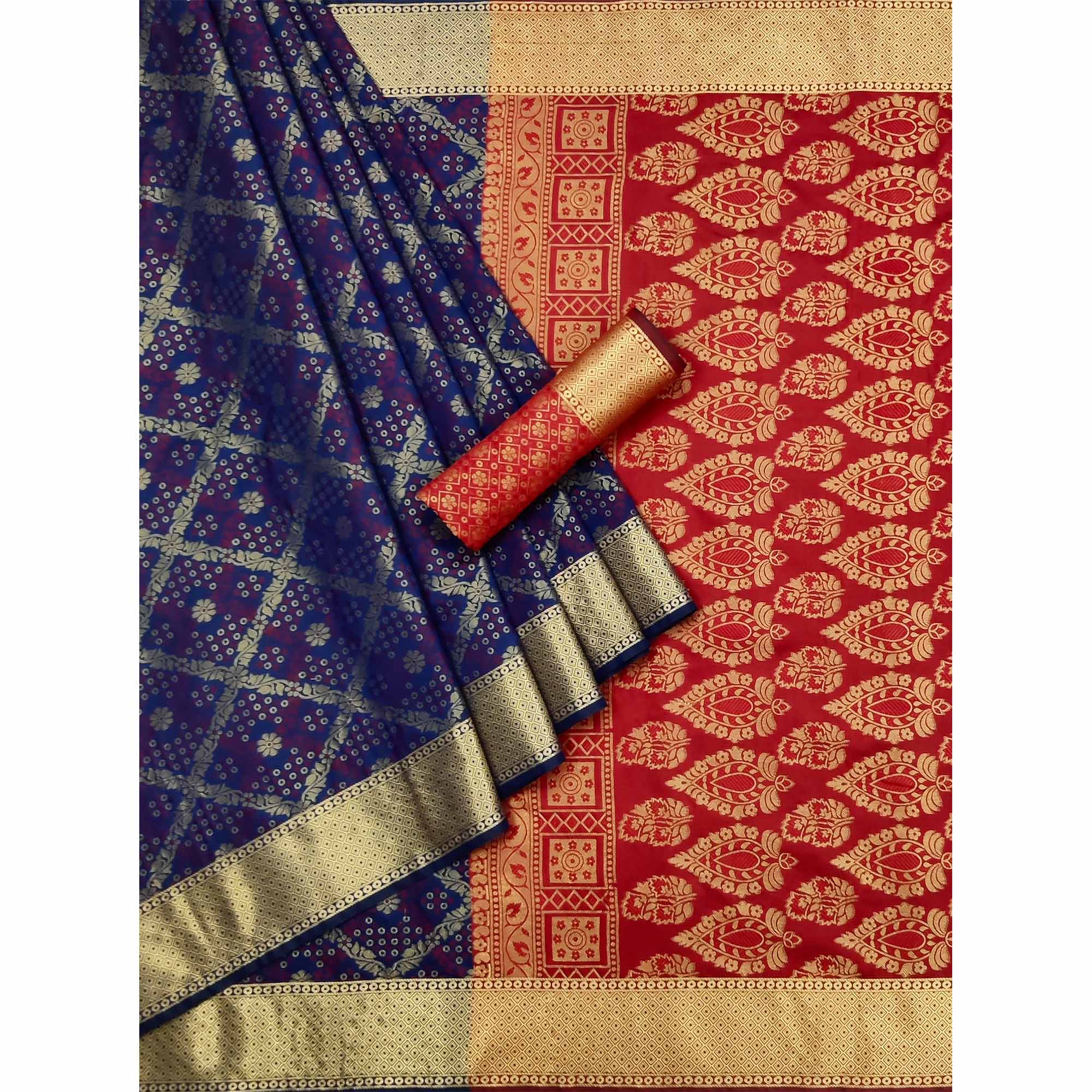 Blue Floral Woven Art Silk Saree