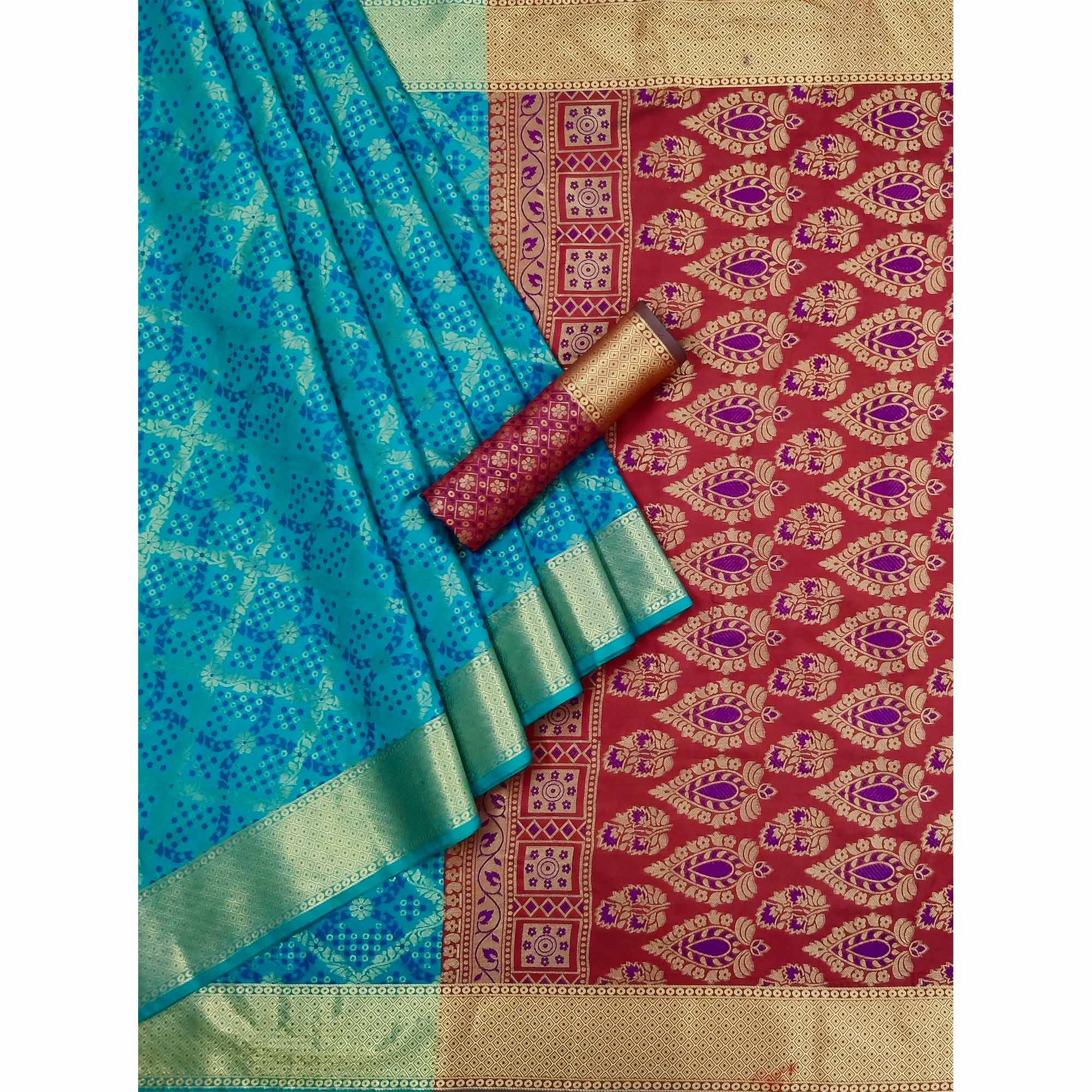 Blue Floral Woven Art Silk Saree