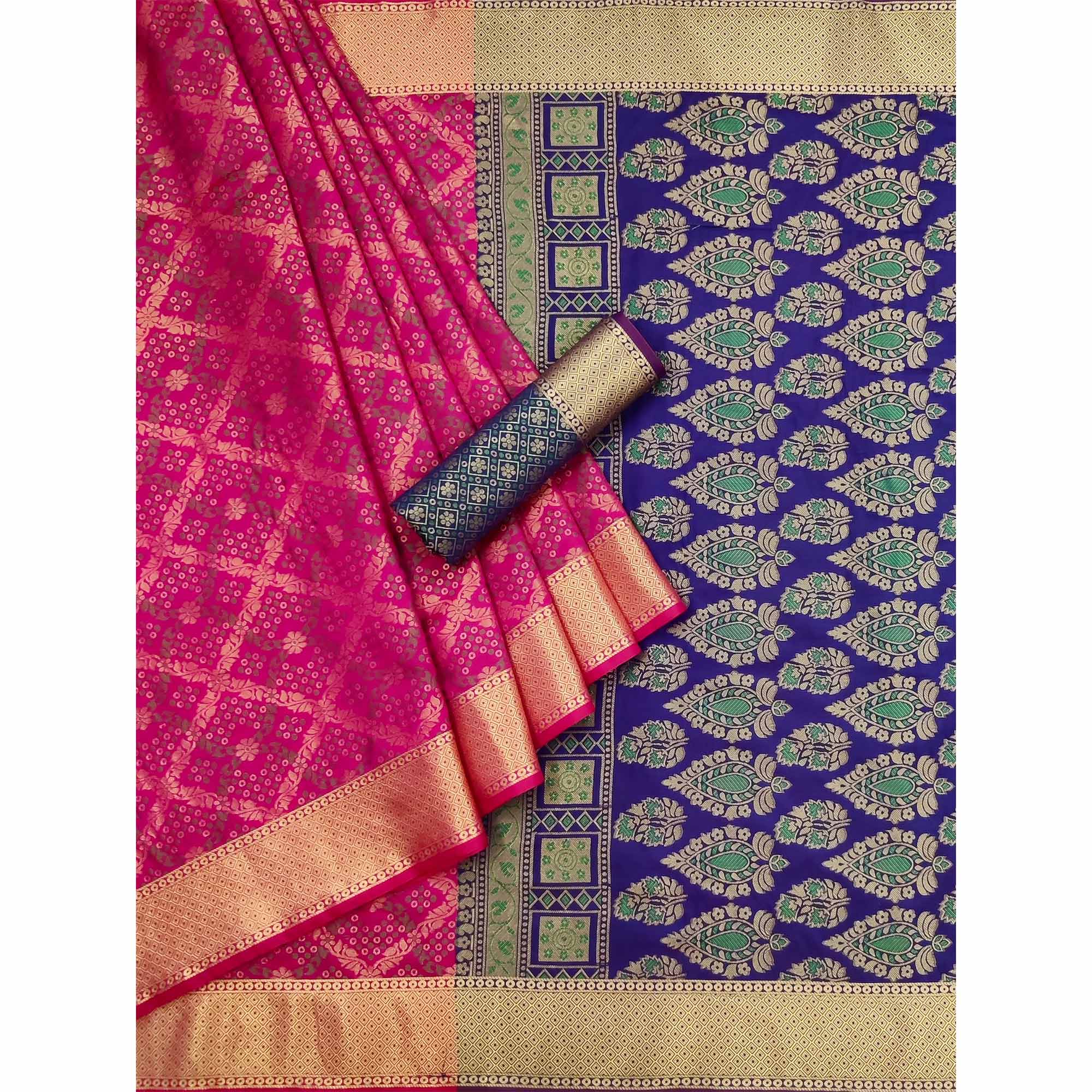 Pink Floral Woven Art Silk Saree