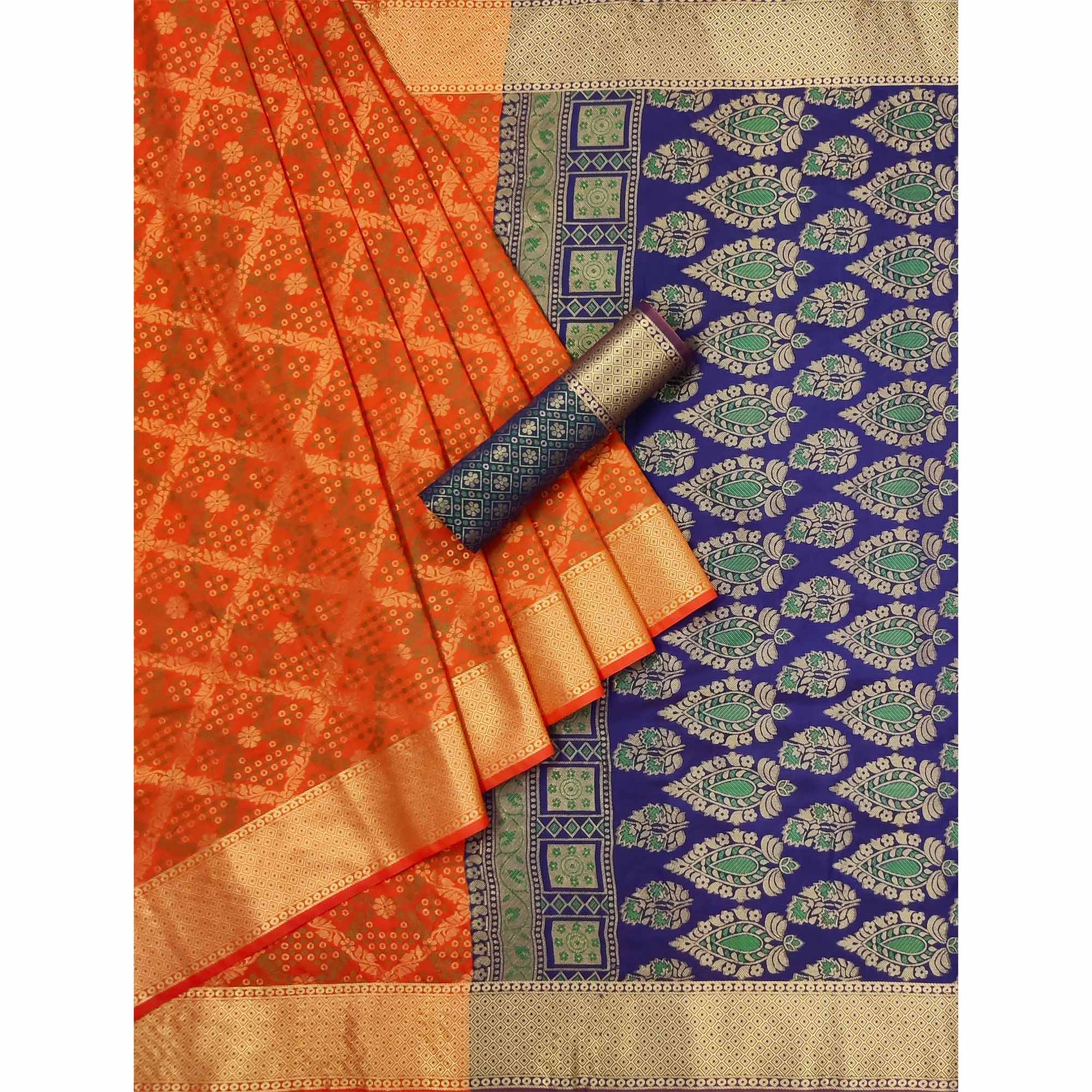 Orange Floral Woven Art Silk Saree