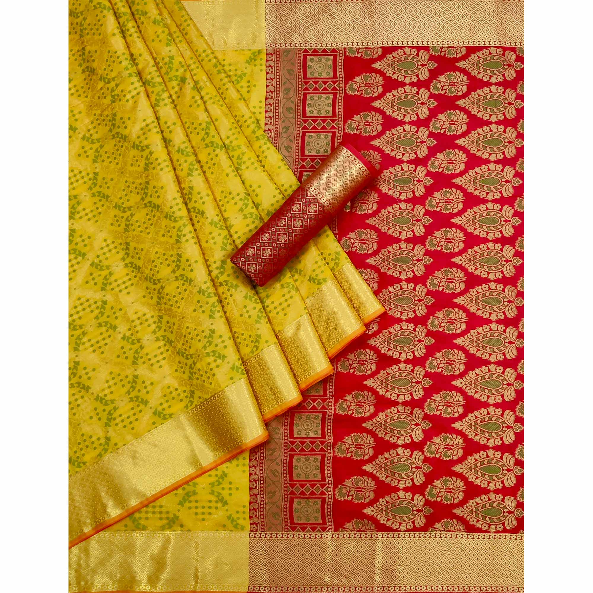 Yellow Floral Woven Art Silk Saree