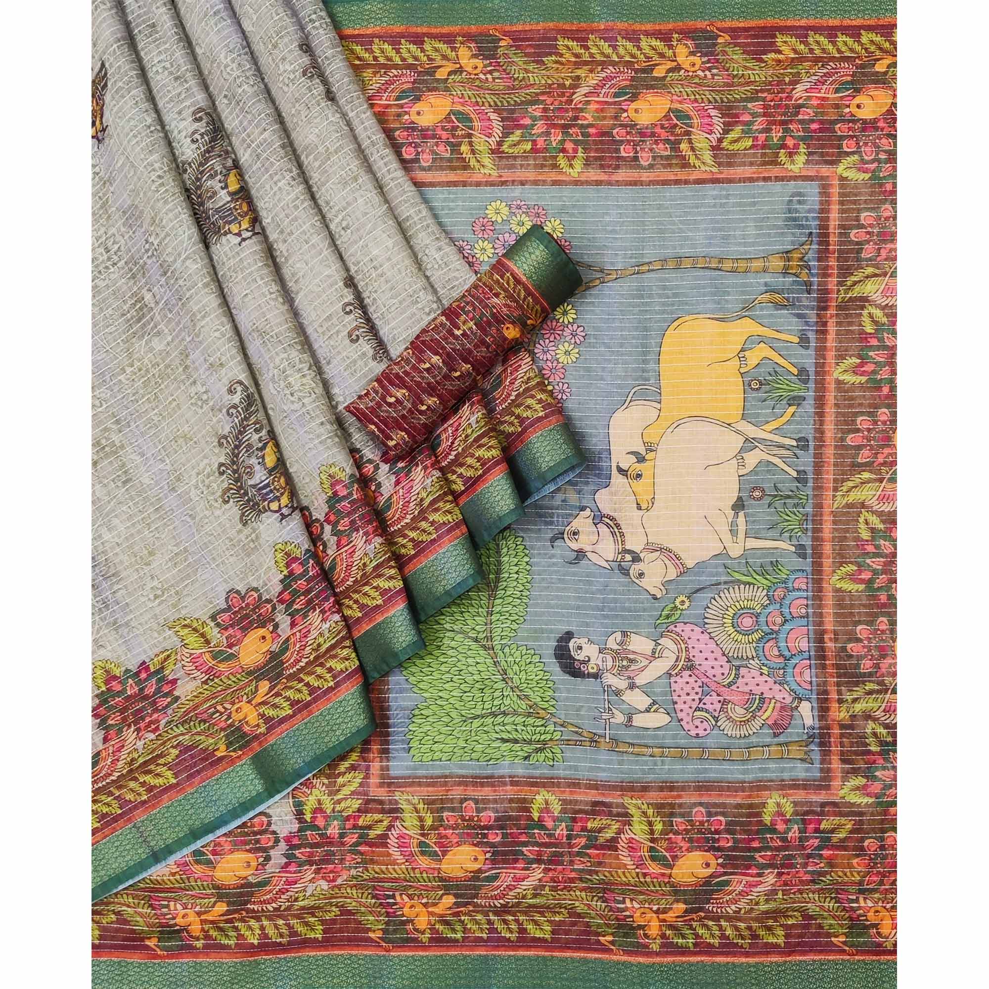 Green Digital Printed Linen Saree