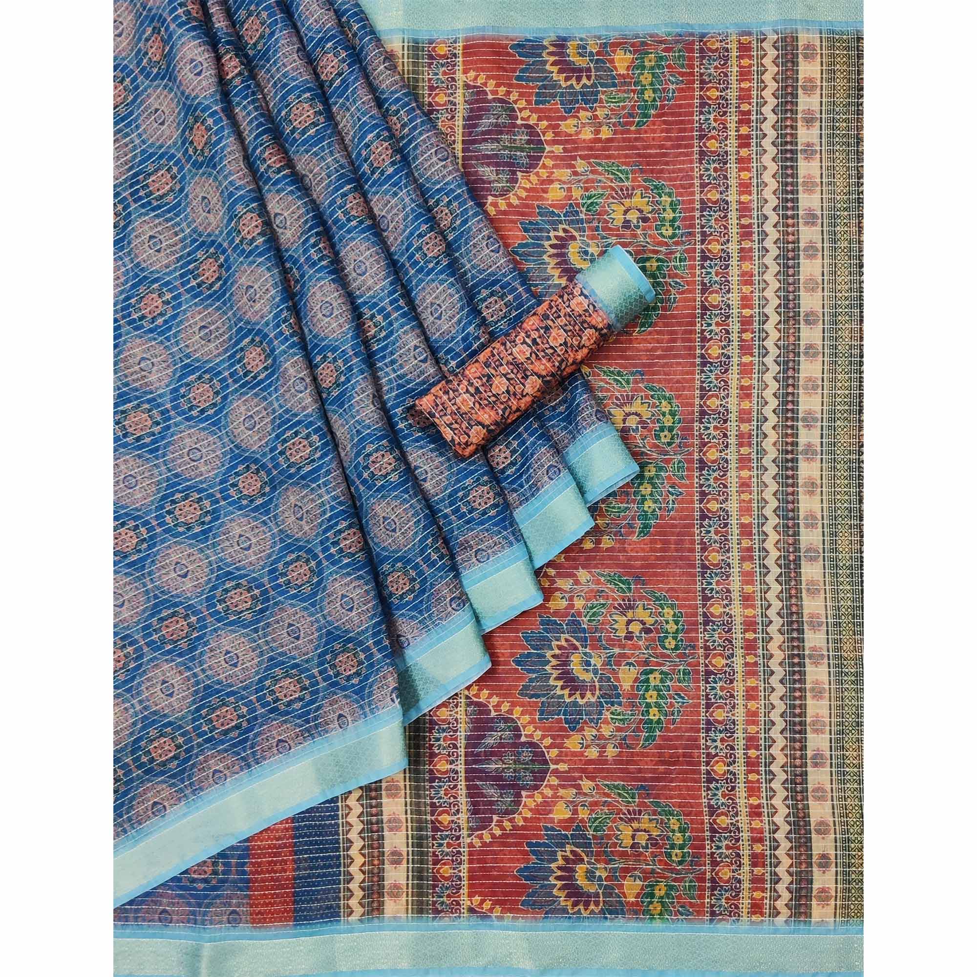 Blue Digital Printed Linen Saree