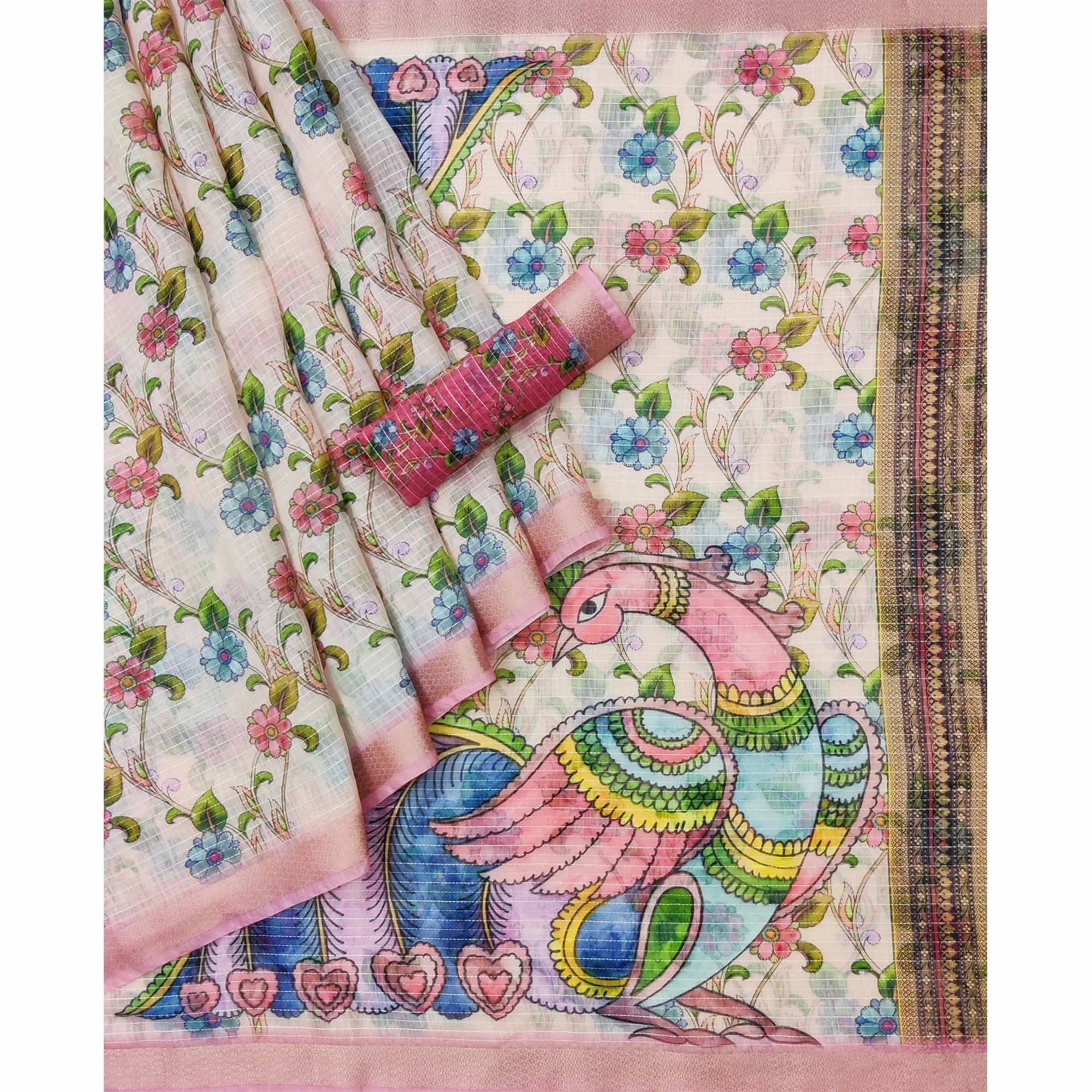 Peach Digital Printed Linen Saree
