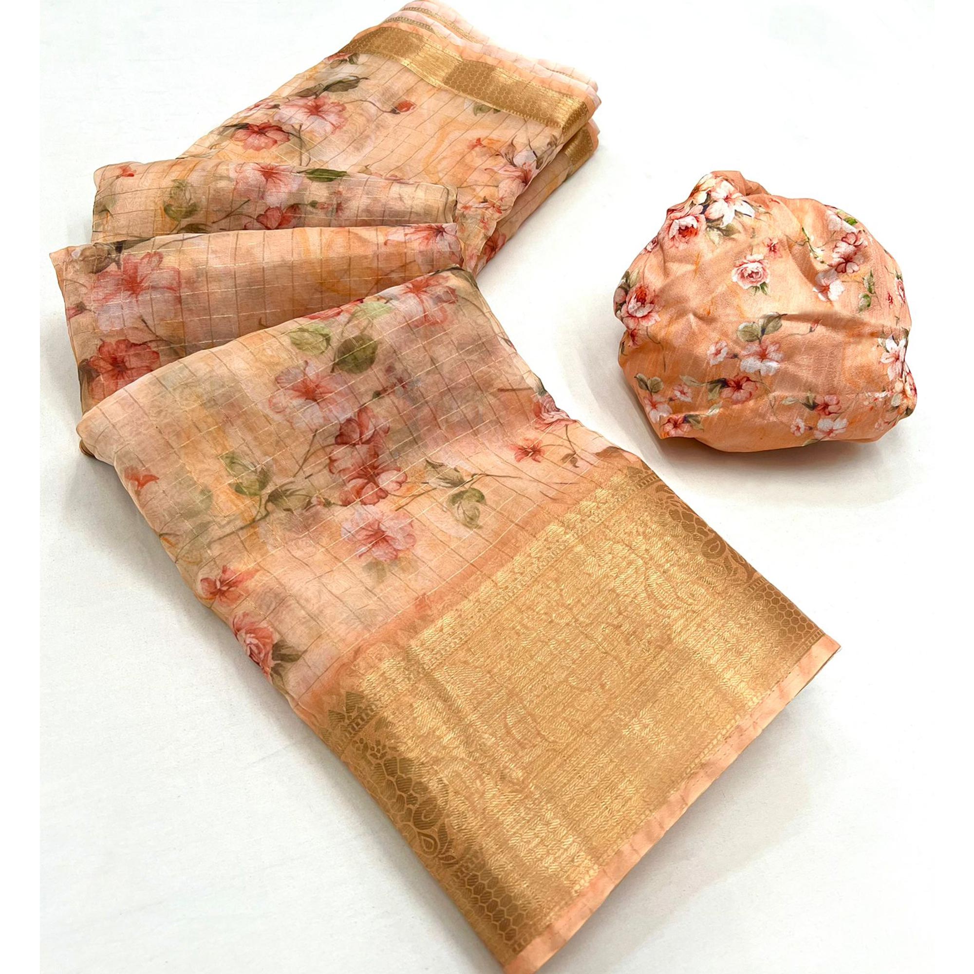 Peach Floral Digital Printed Organza Saree