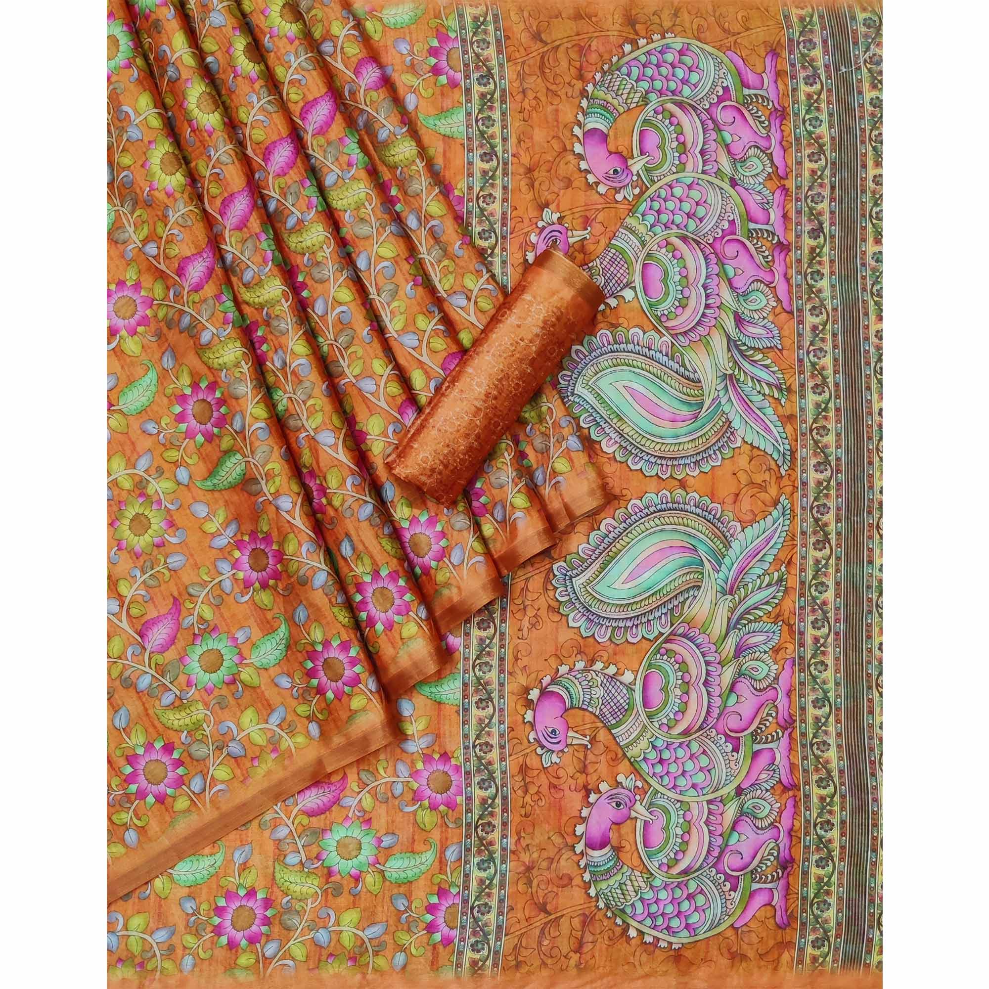 Orange Floral Digital Printed Cotton Silk Saree