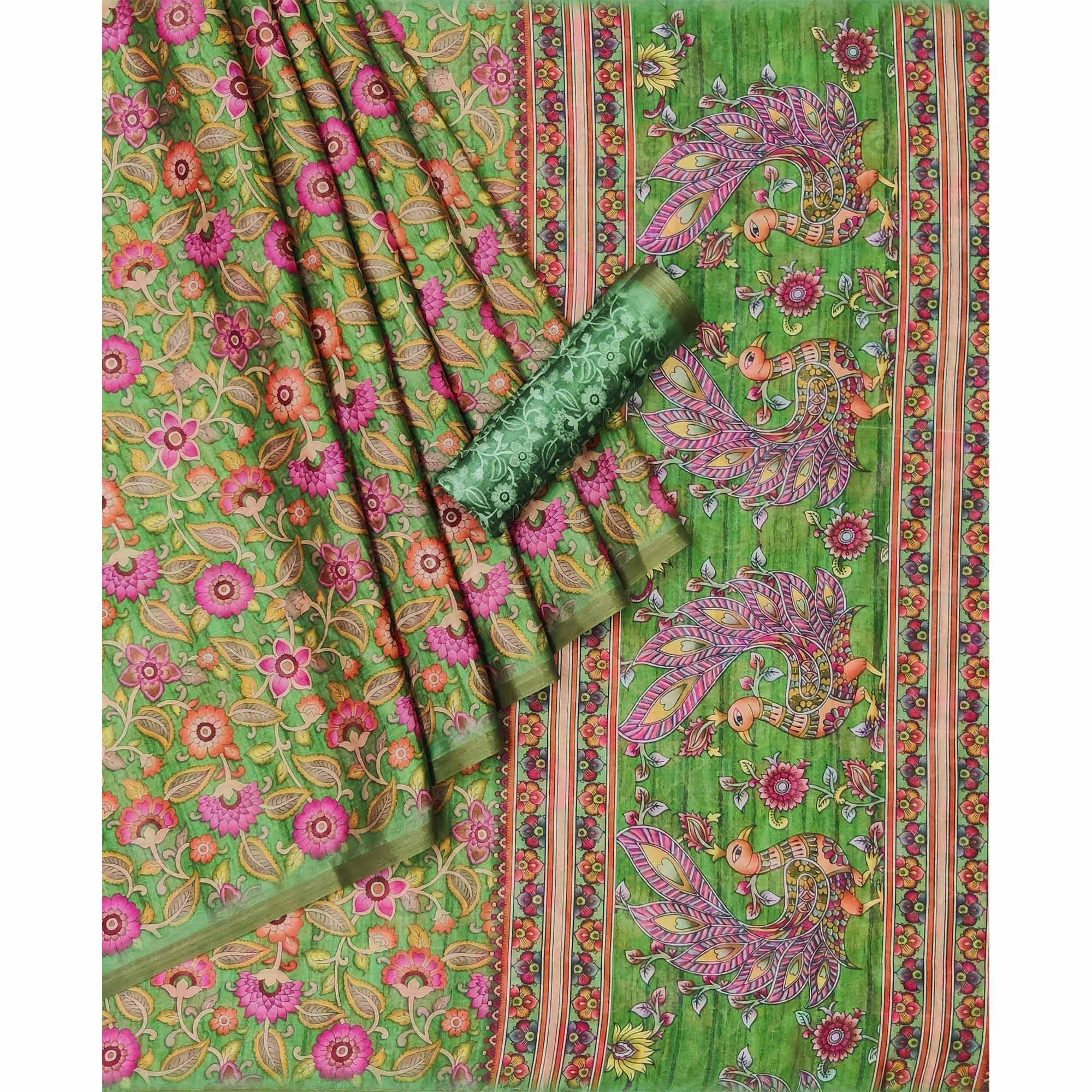 Green Floral Digital Printed Cotton Silk Saree