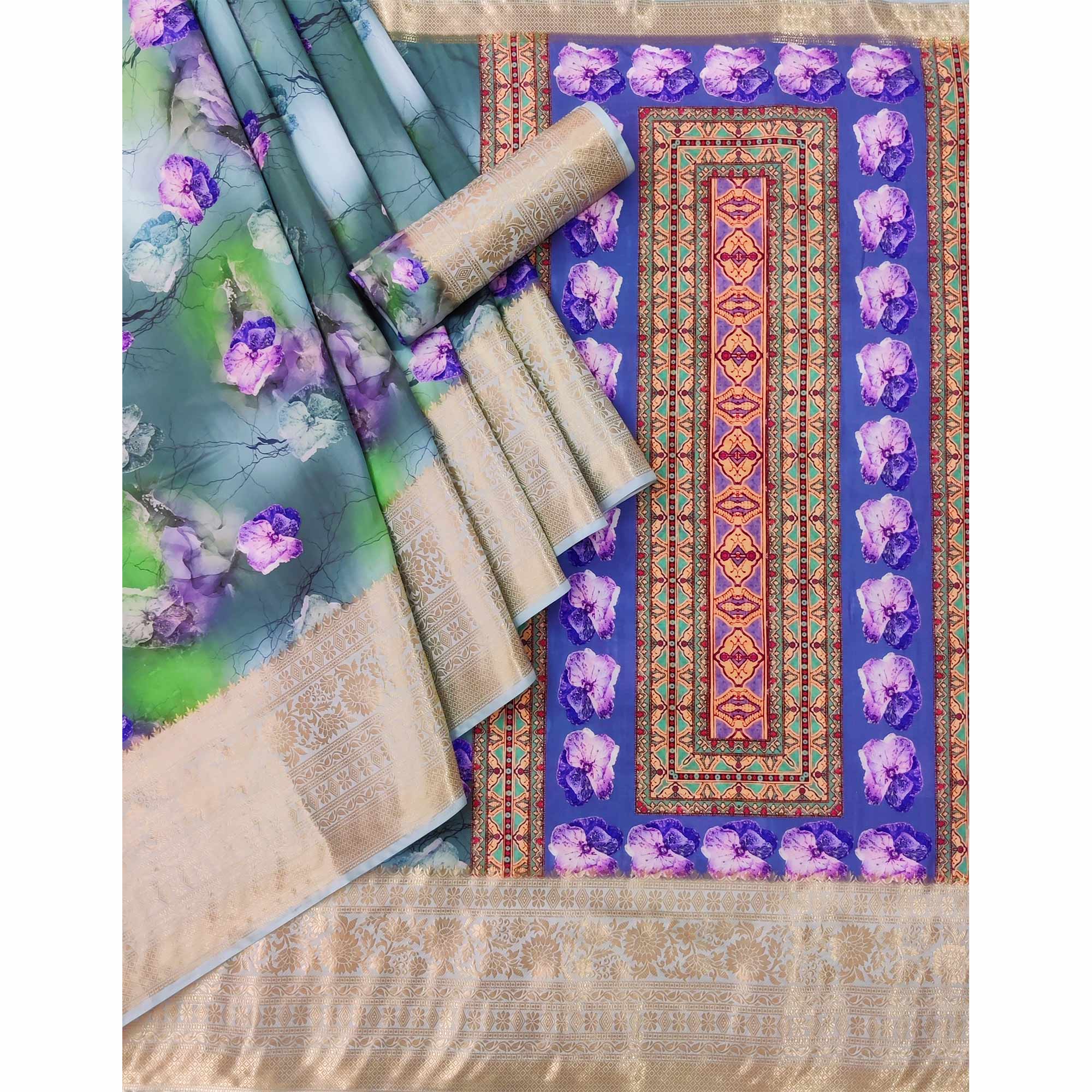 Blue Floral Digital Printed With Woven Border Art Silk Saree