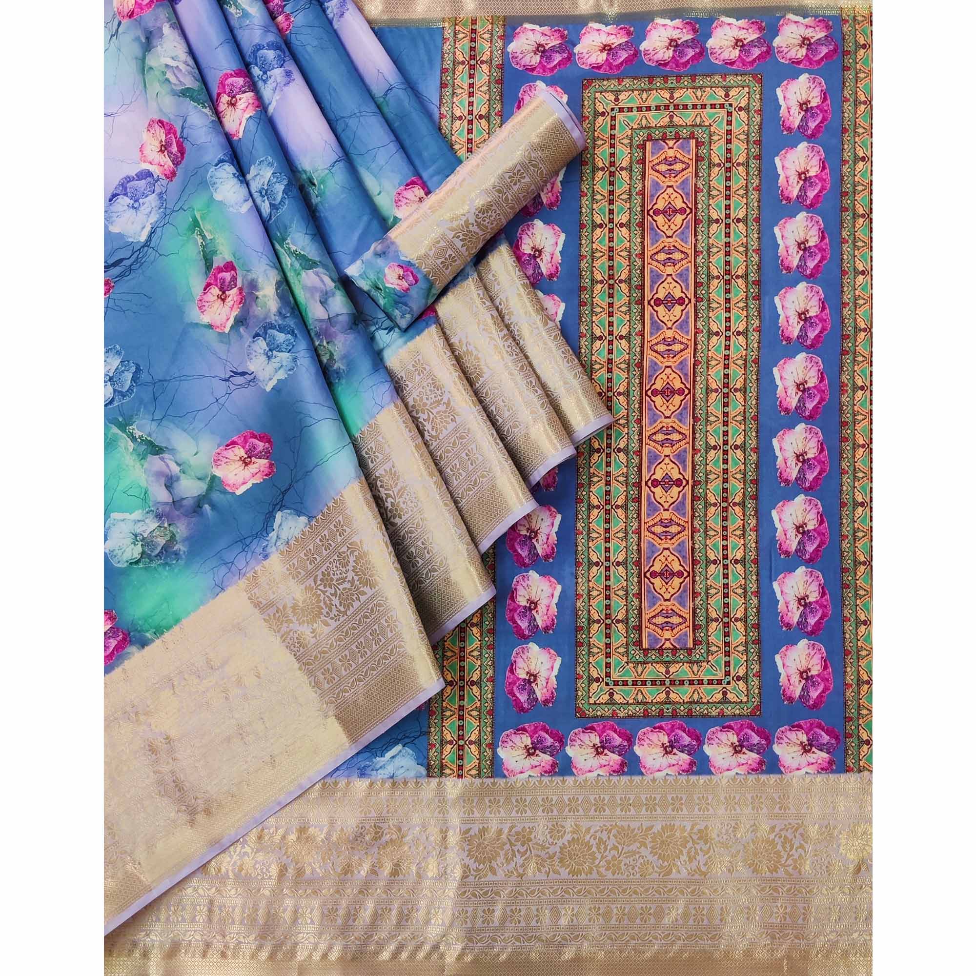 Blue Floral Digital Printed With Woven Border Art Silk Saree