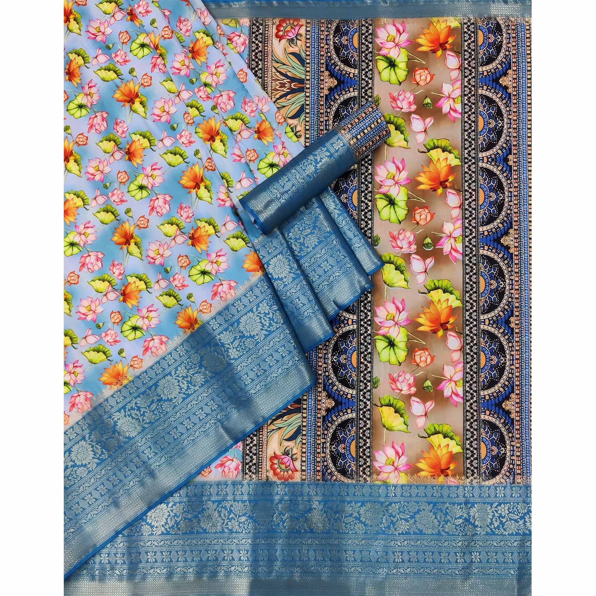 Blue Floral Digital Printed With Woven Border Art Silk Saree