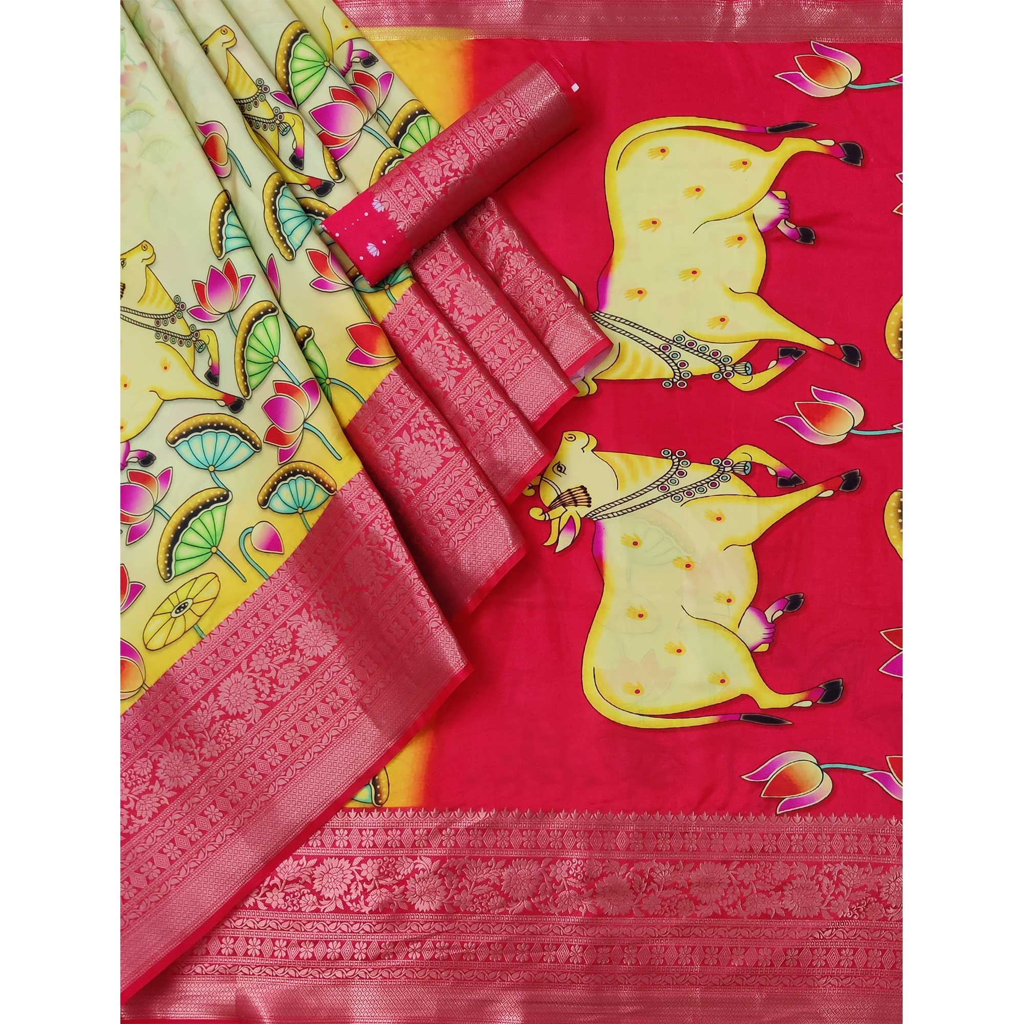 Yellow Floral Digital Printed With Woven Border Art Silk Saree