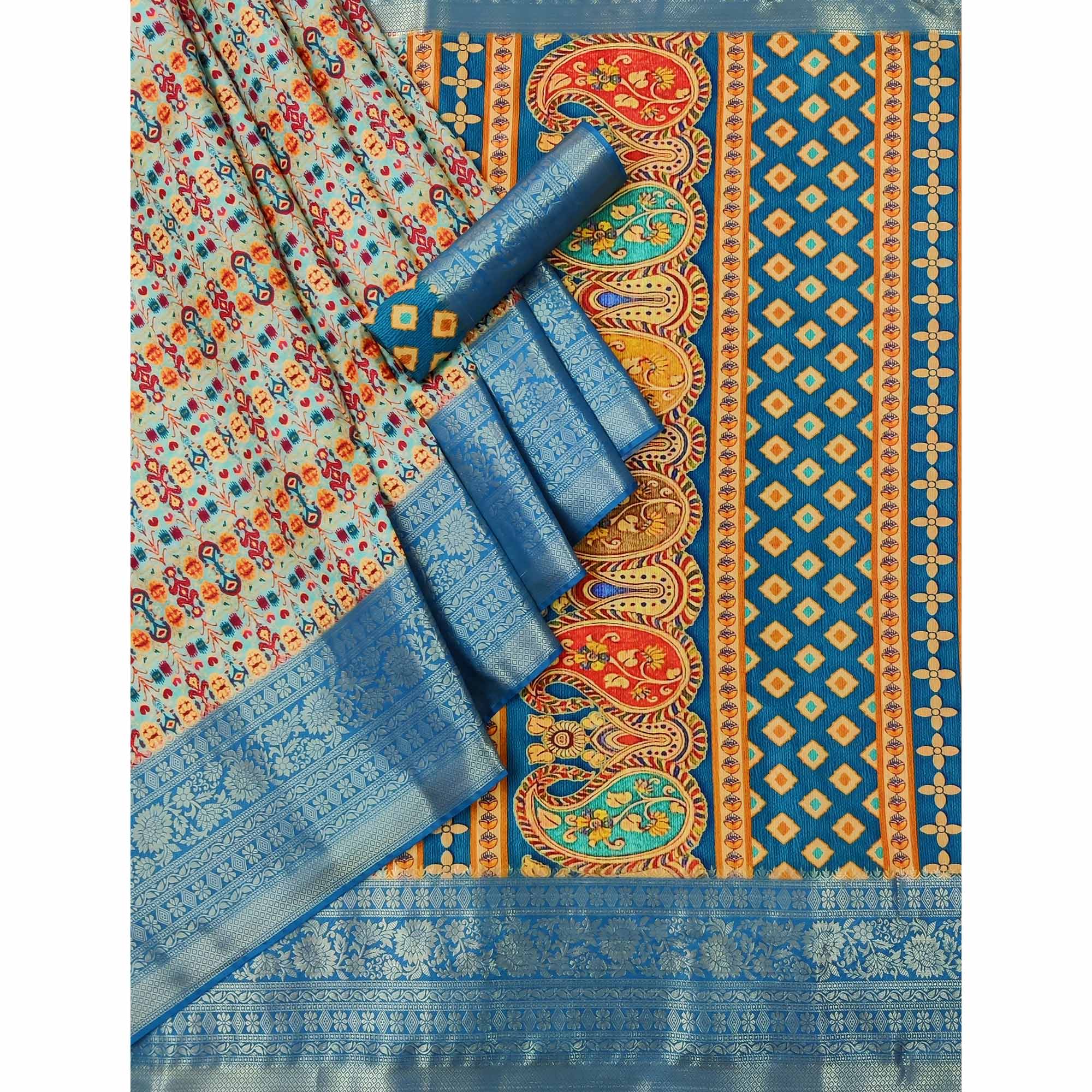 Blue Floral Digital Printed With Woven Border Art Silk Saree