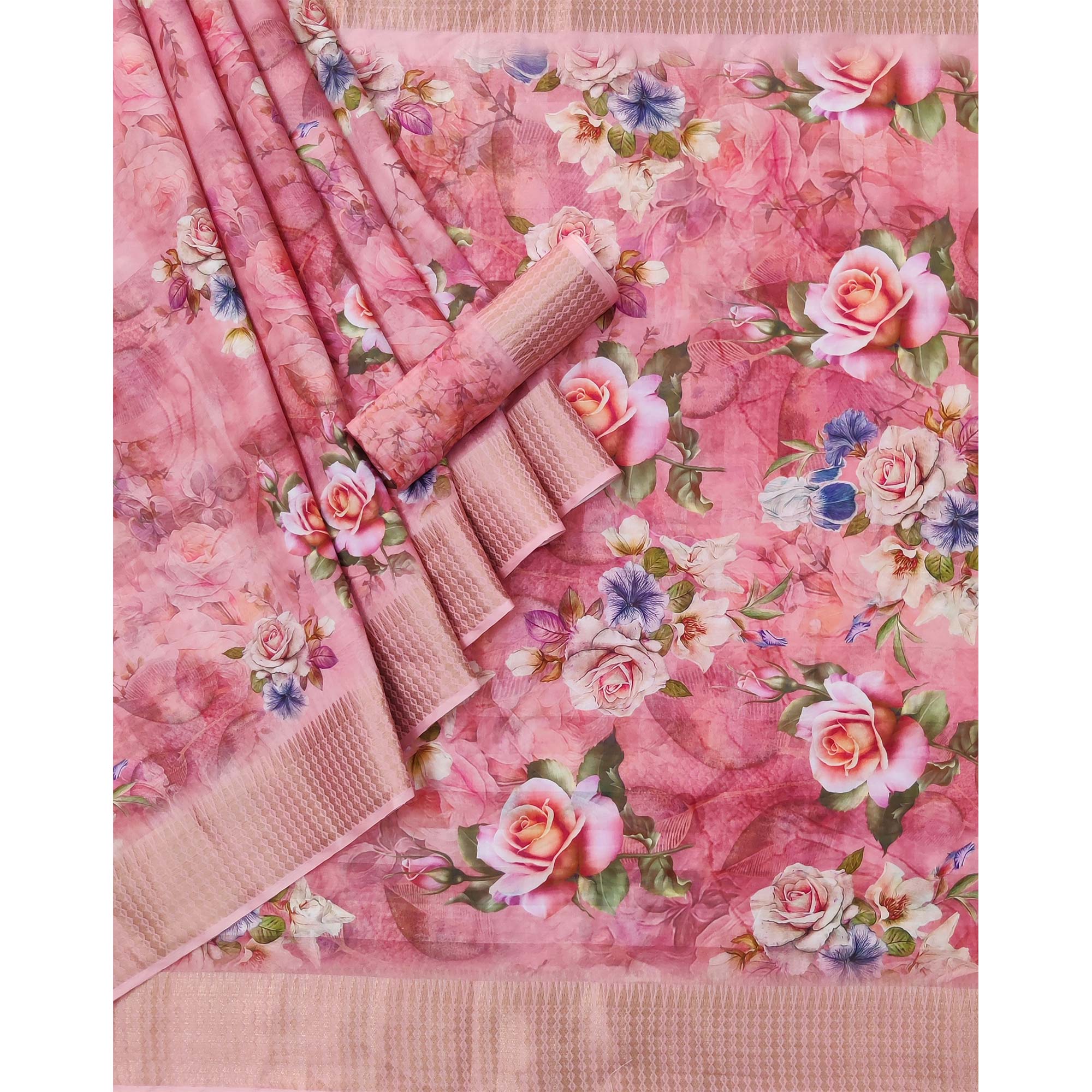Pink Floral Digital Printed Cotton Silk Saree