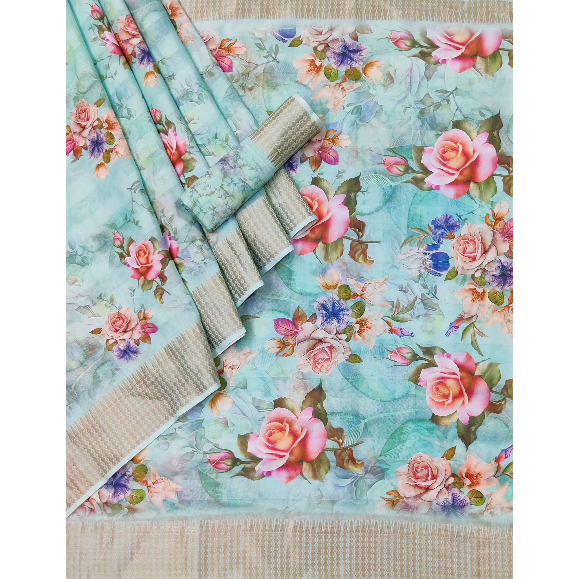 Blue Floral Digital Printed Cotton Silk Saree