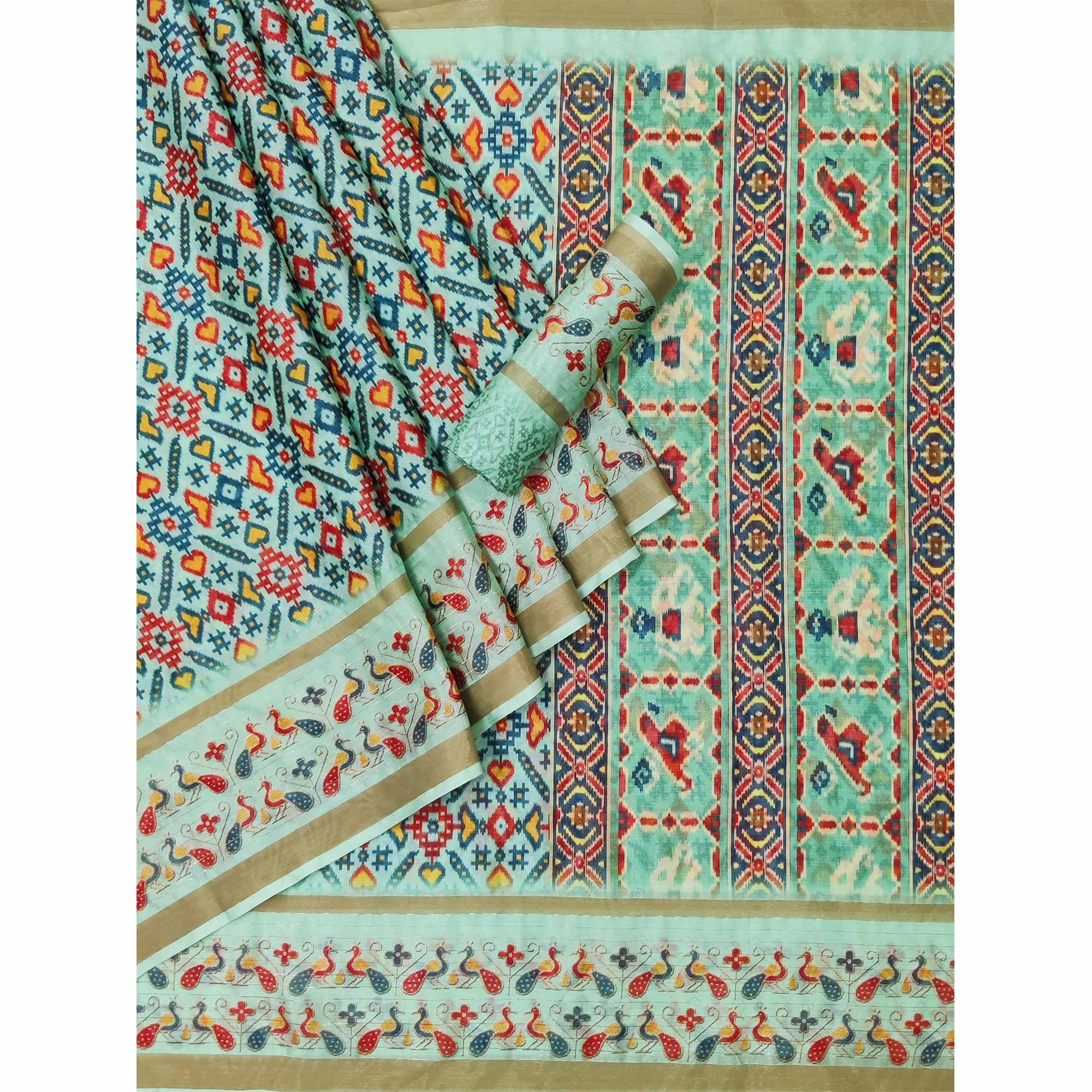 Blue Digital Printed Cotton Silk Saree