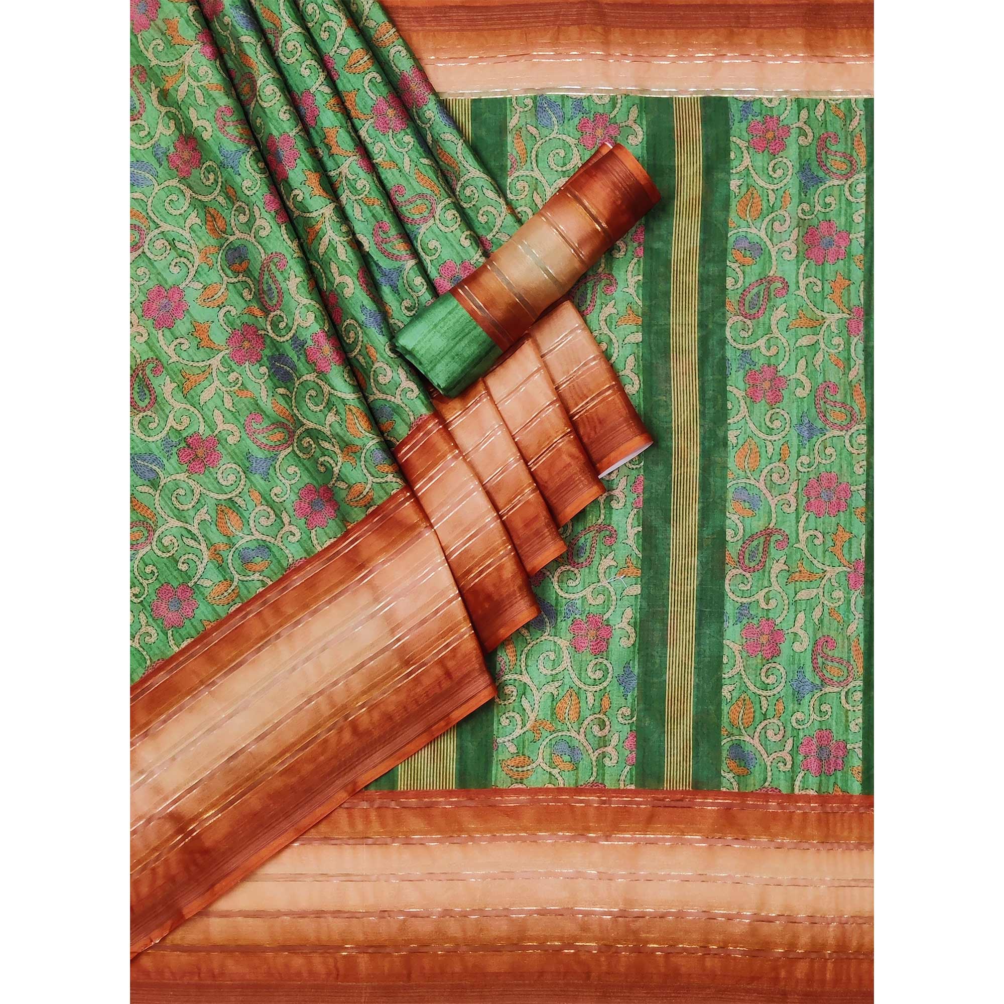 Green Floral Digital Printed Cotton Silk Saree