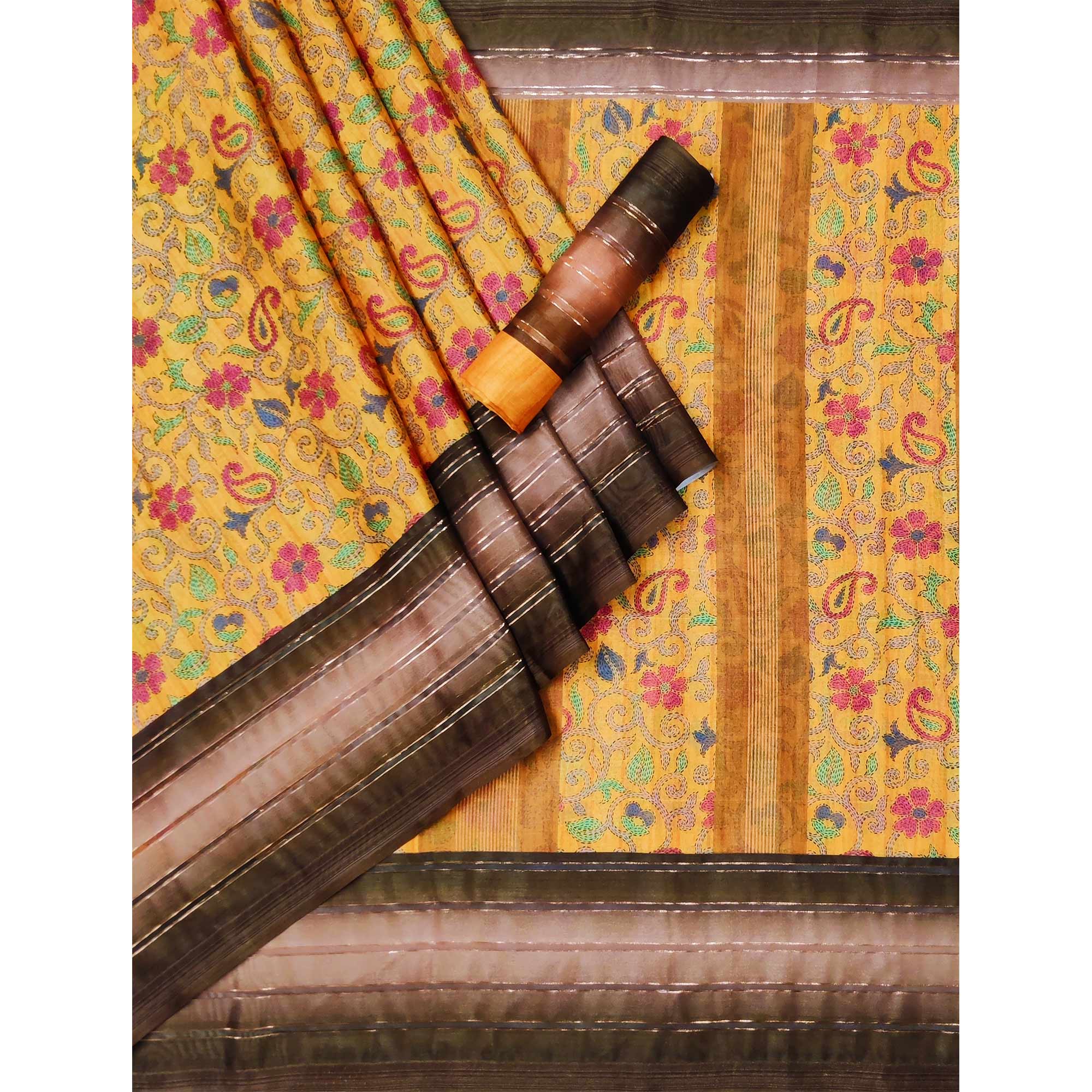 Yellow Floral Digital Printed Cotton Silk Saree