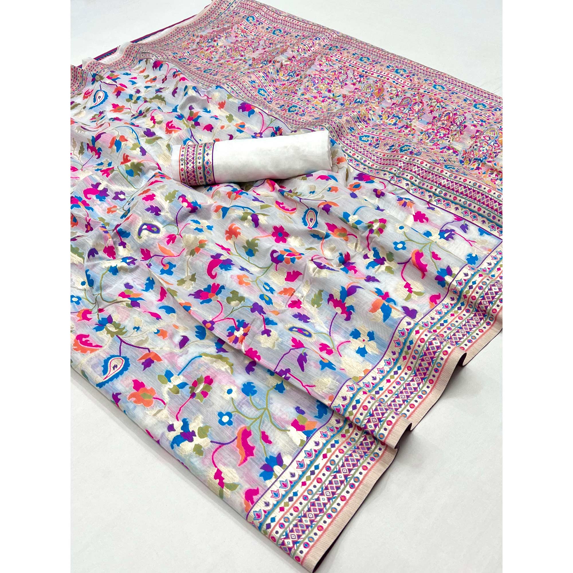 White Floral Woven Pashmina Saree