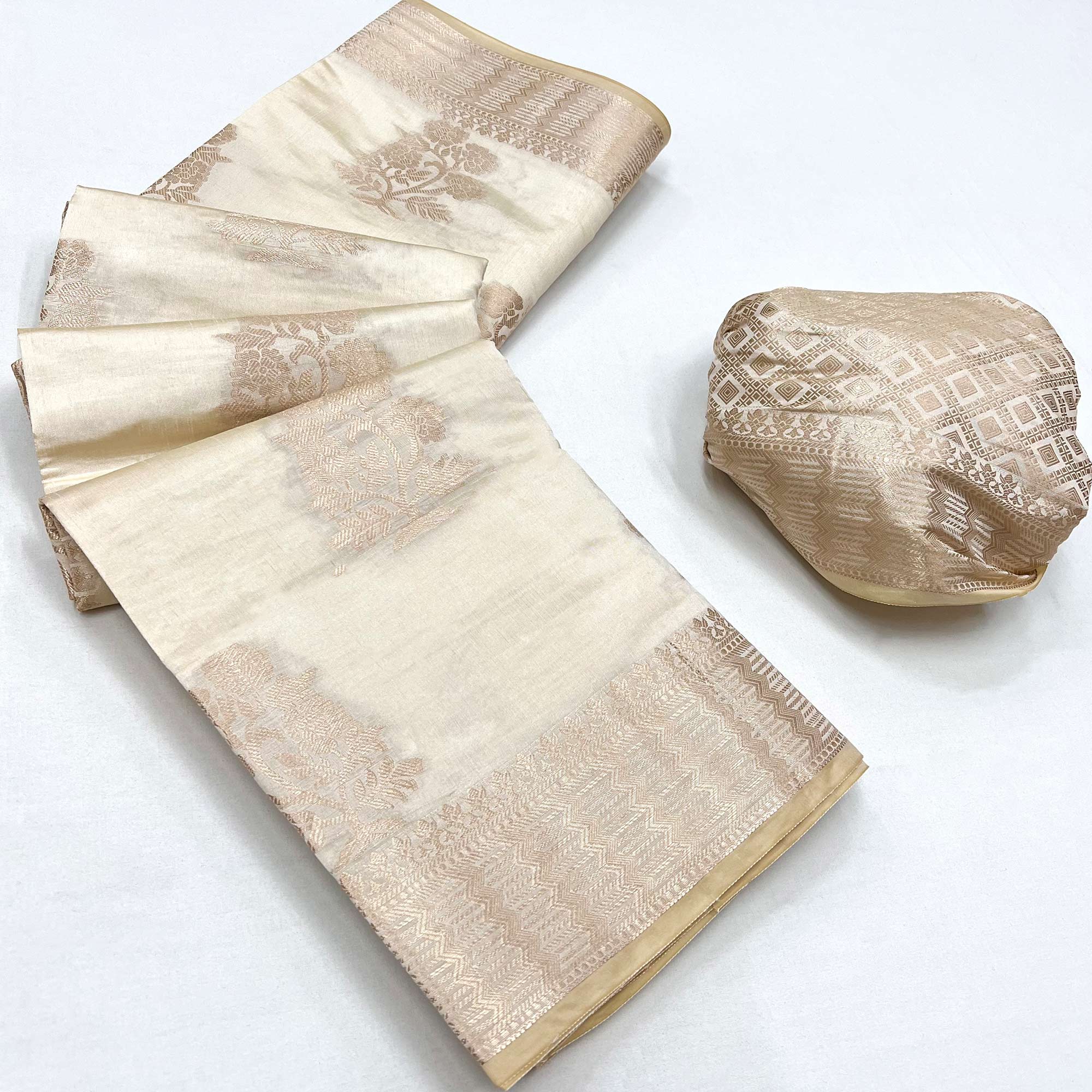 Off White Off White Floral Woven Raw Silk Saree