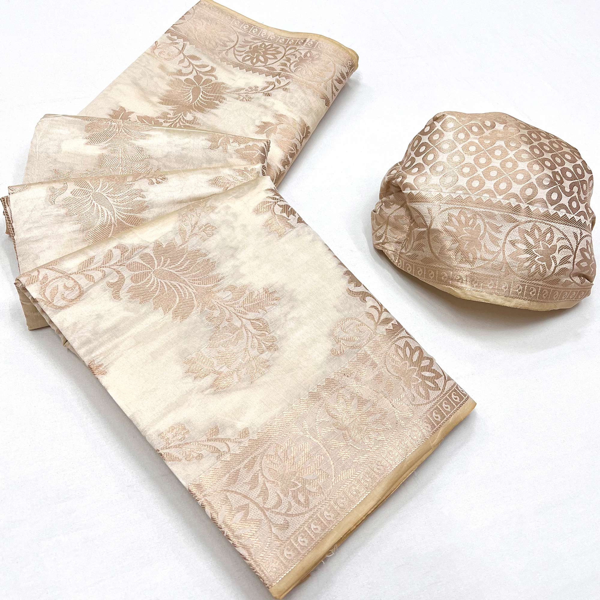 Off White Off White Floral Woven Raw Silk Saree