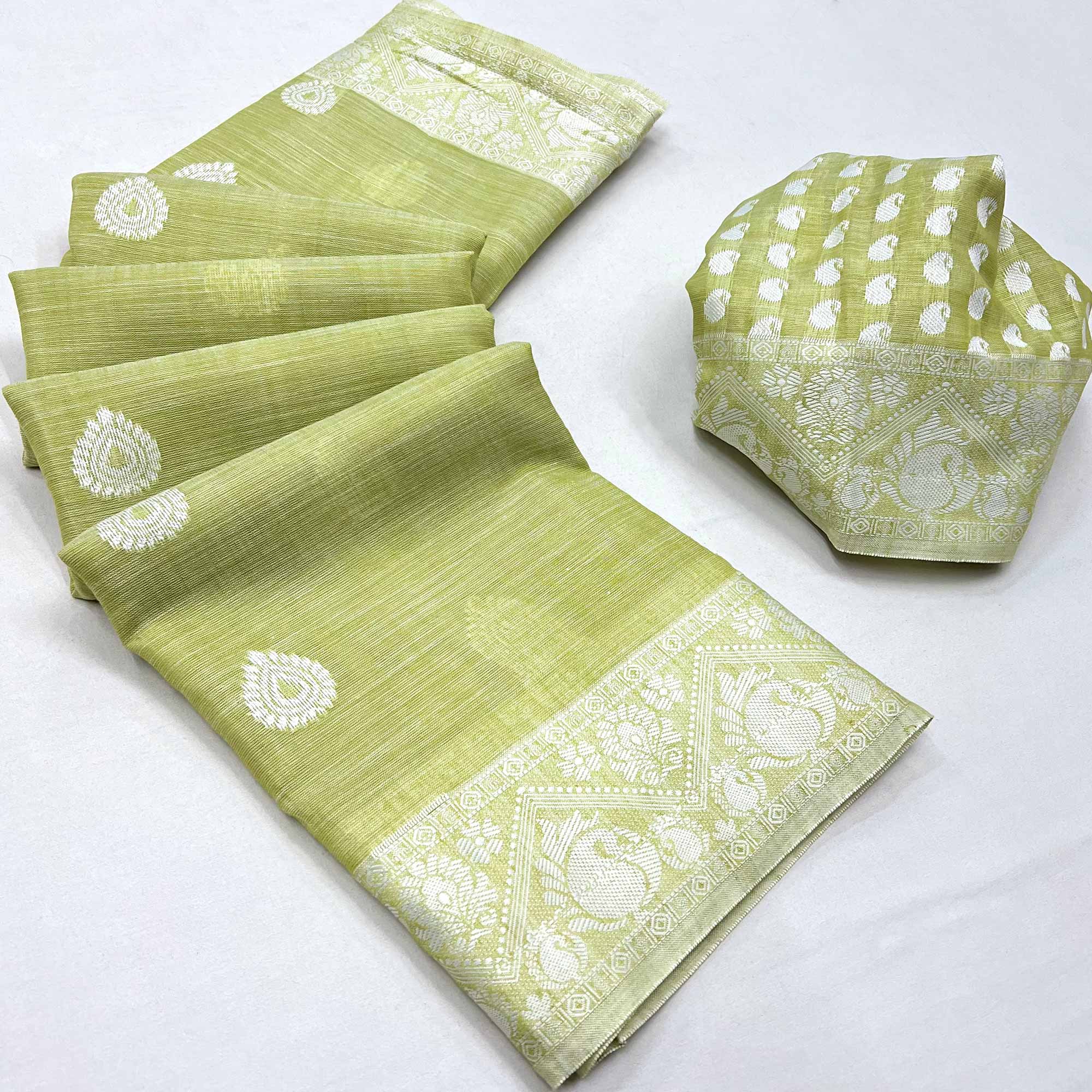 Pista Green Woven Linen Saree