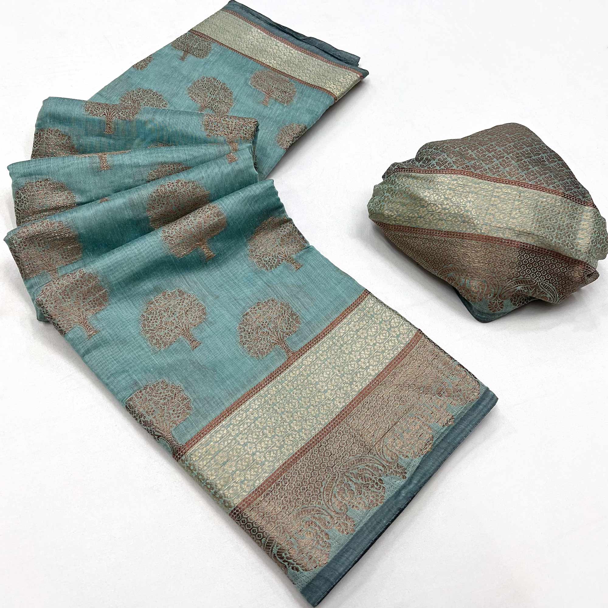 Blue Floral Woven Pure Cotton Saree