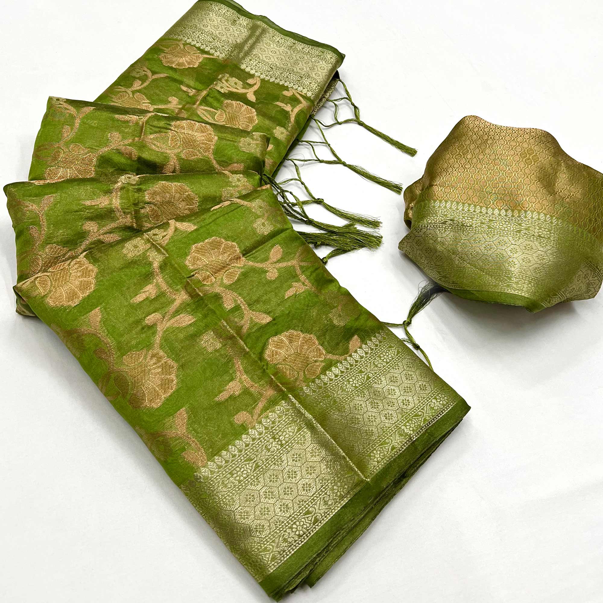 Green Floral Woven Organza Saree