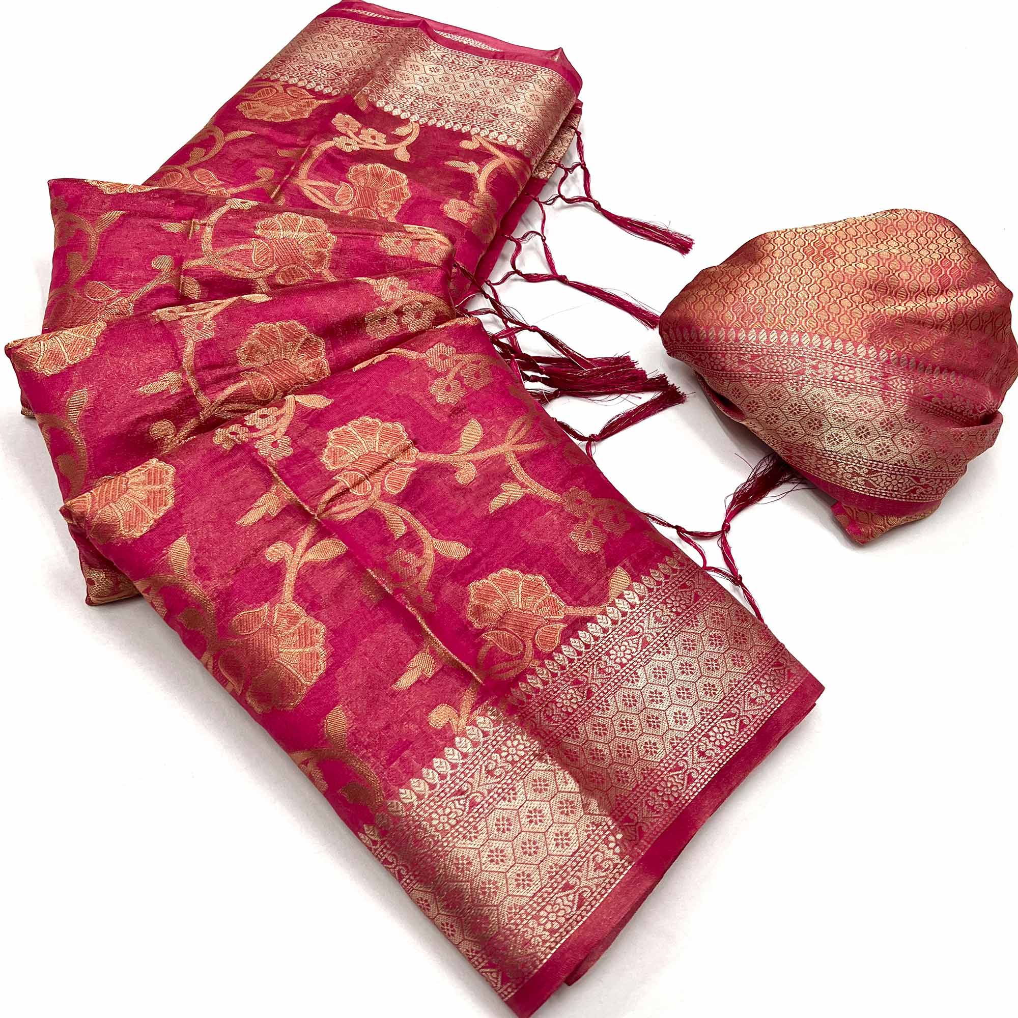Rani Pink Floral Woven Organza Saree