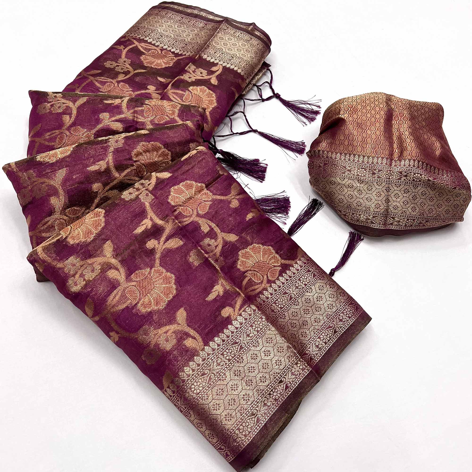 Wine Floral Woven Organza Saree