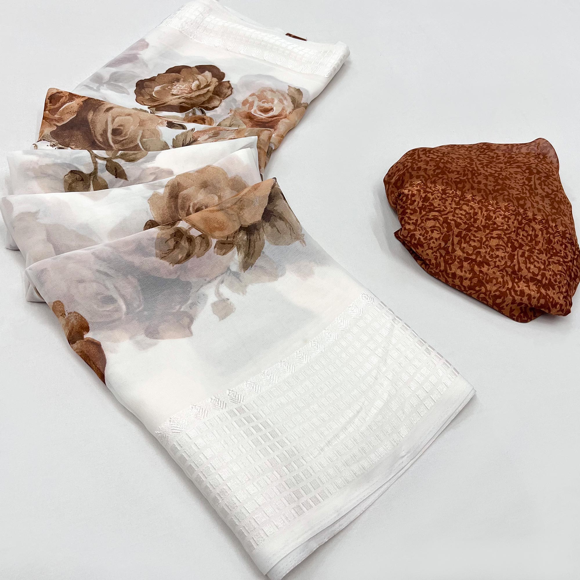 White & Brown Floral Printed Georgette Saree