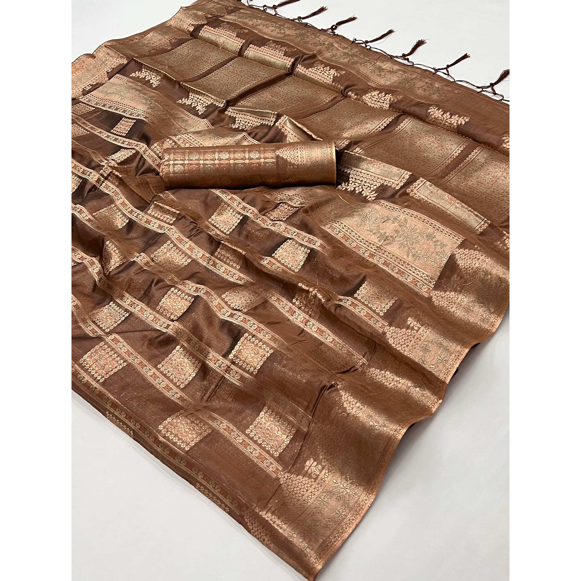 Brown Woven Cotton Blend Saree With Tassels