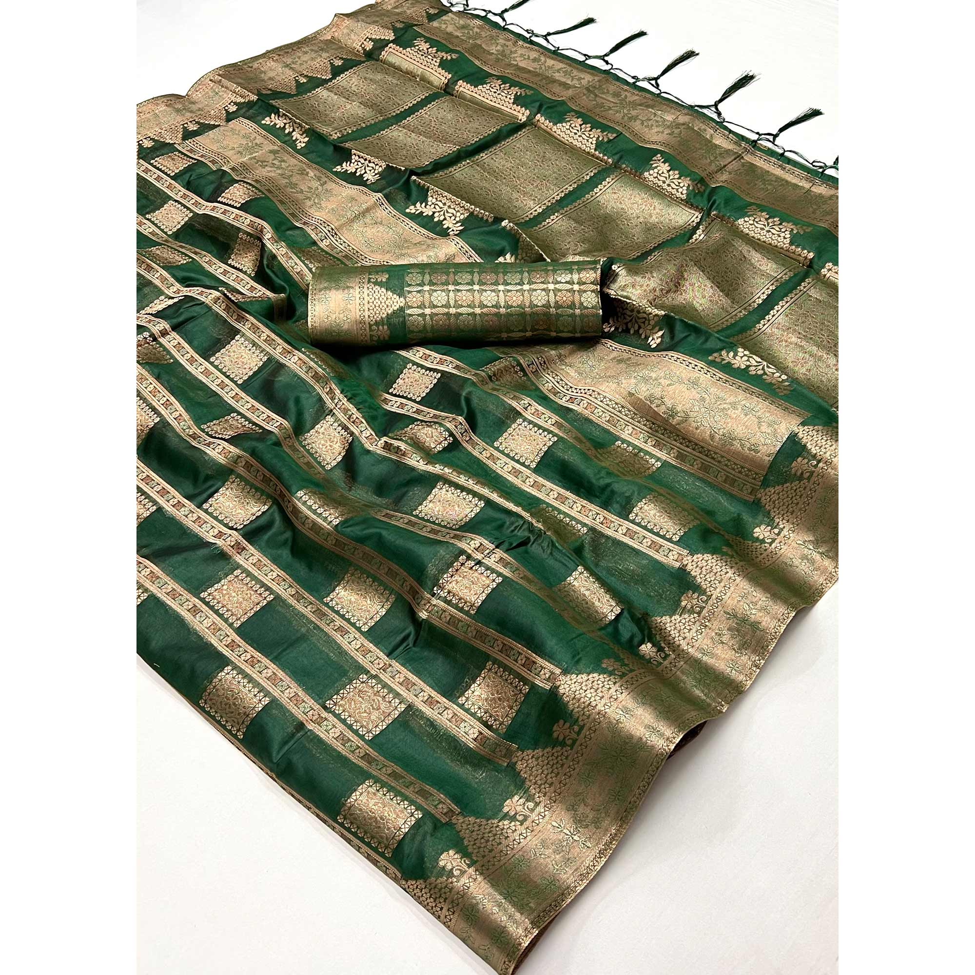 Green Woven Cotton Blend Saree With Tassels