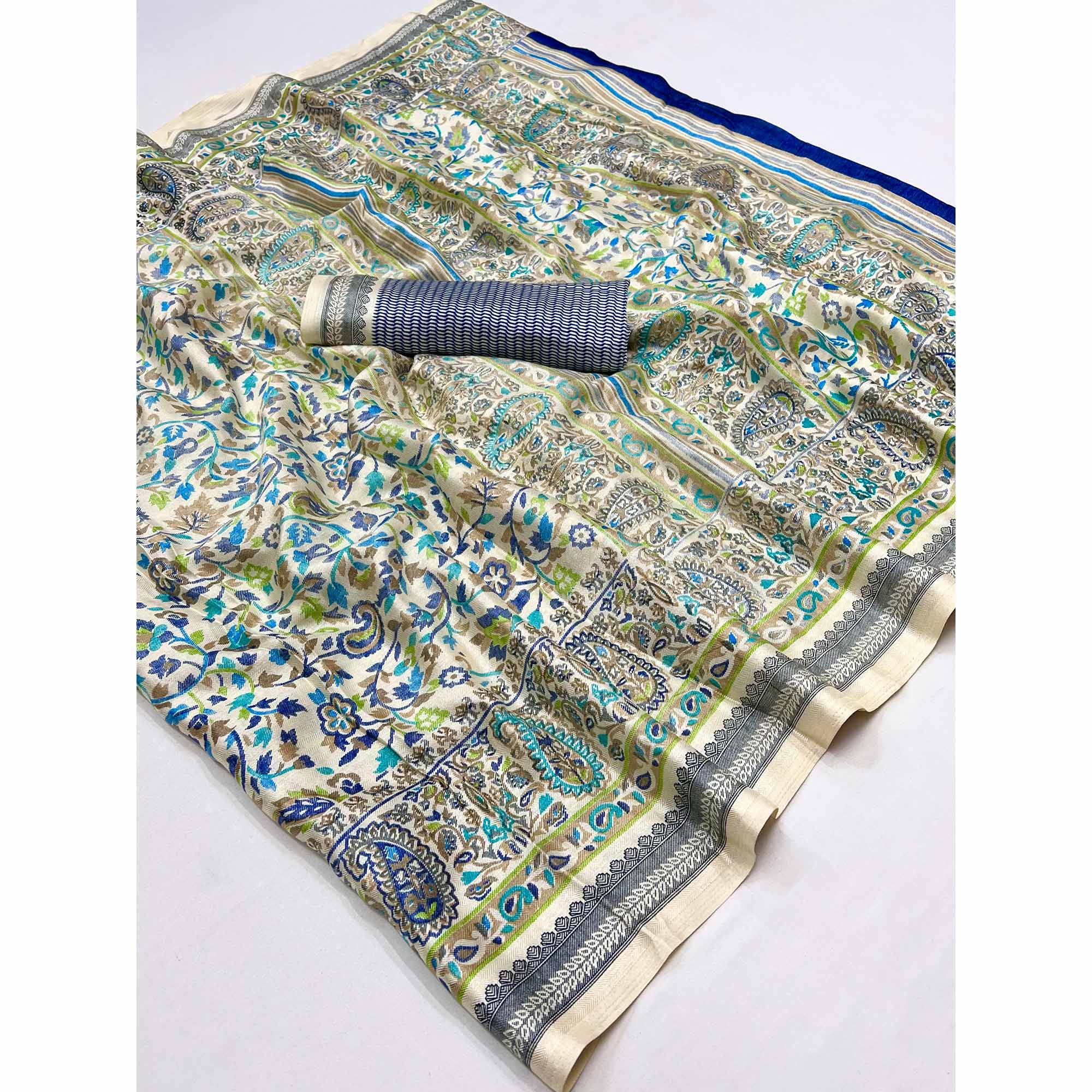 Cream & Blue Floral Printed Pashmina Saree