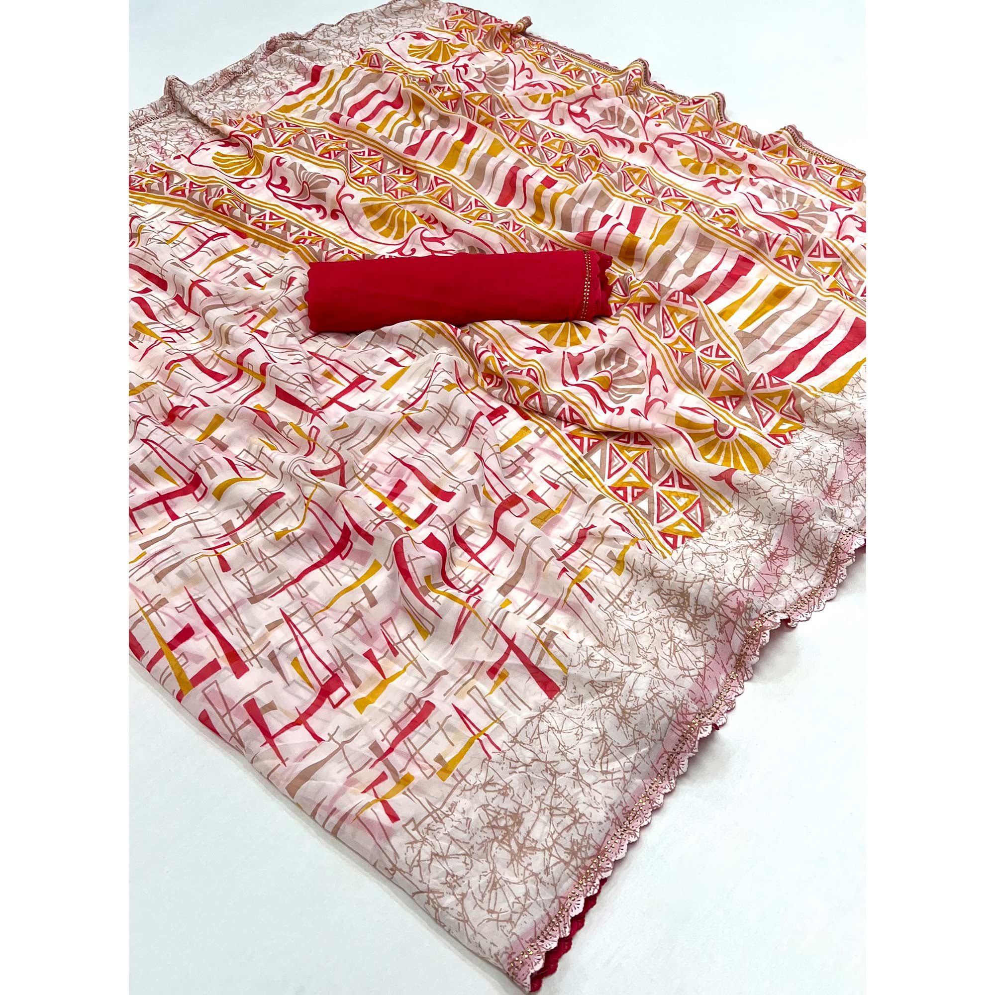 White & Red Geometric Printed Georgette Saree