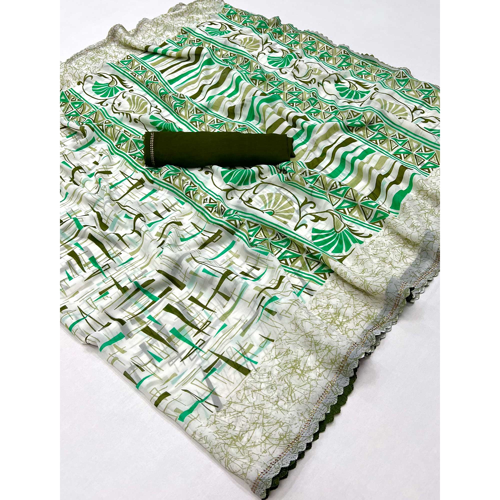 White & Green Geometric Printed Georgette Saree