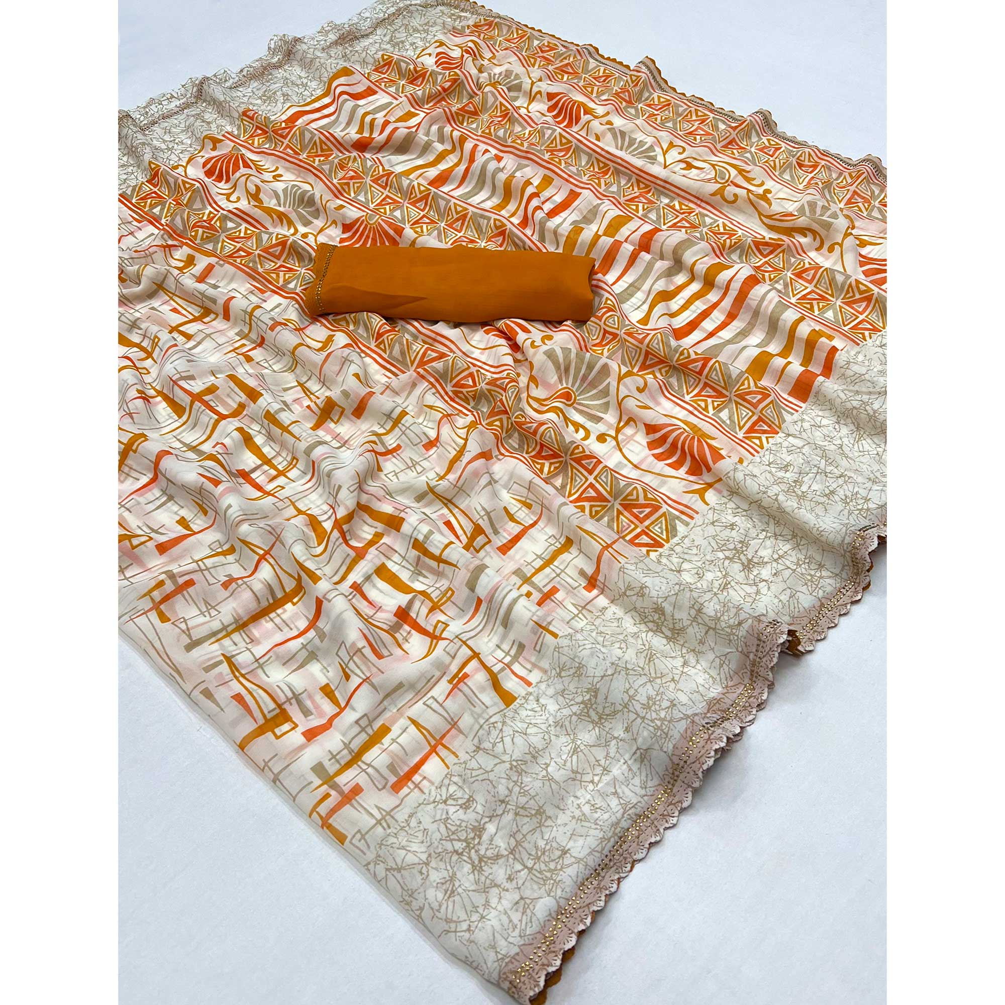 White & Mustard Geometric Printed Georgette Saree