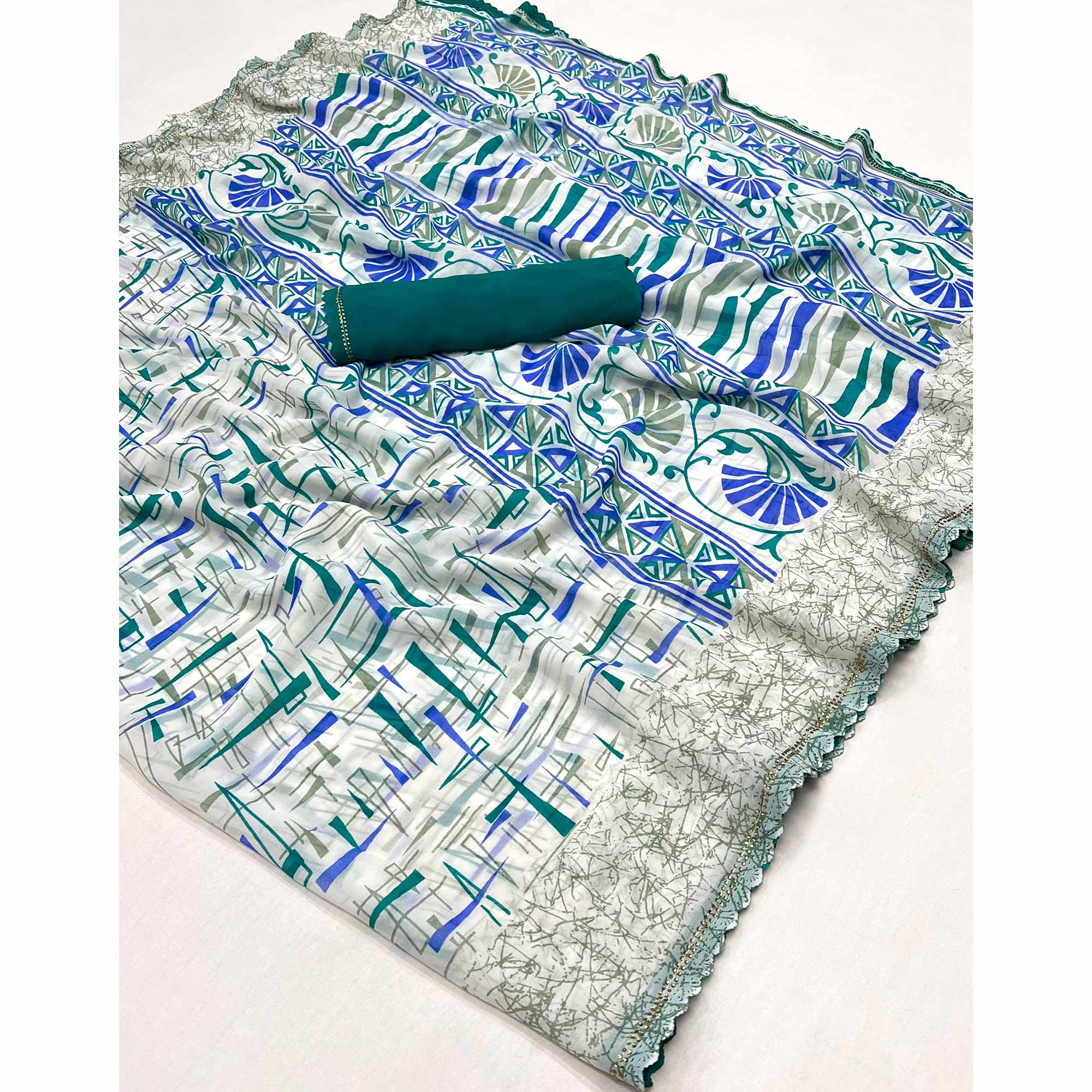 White & Blue Geometric Printed Georgette Saree