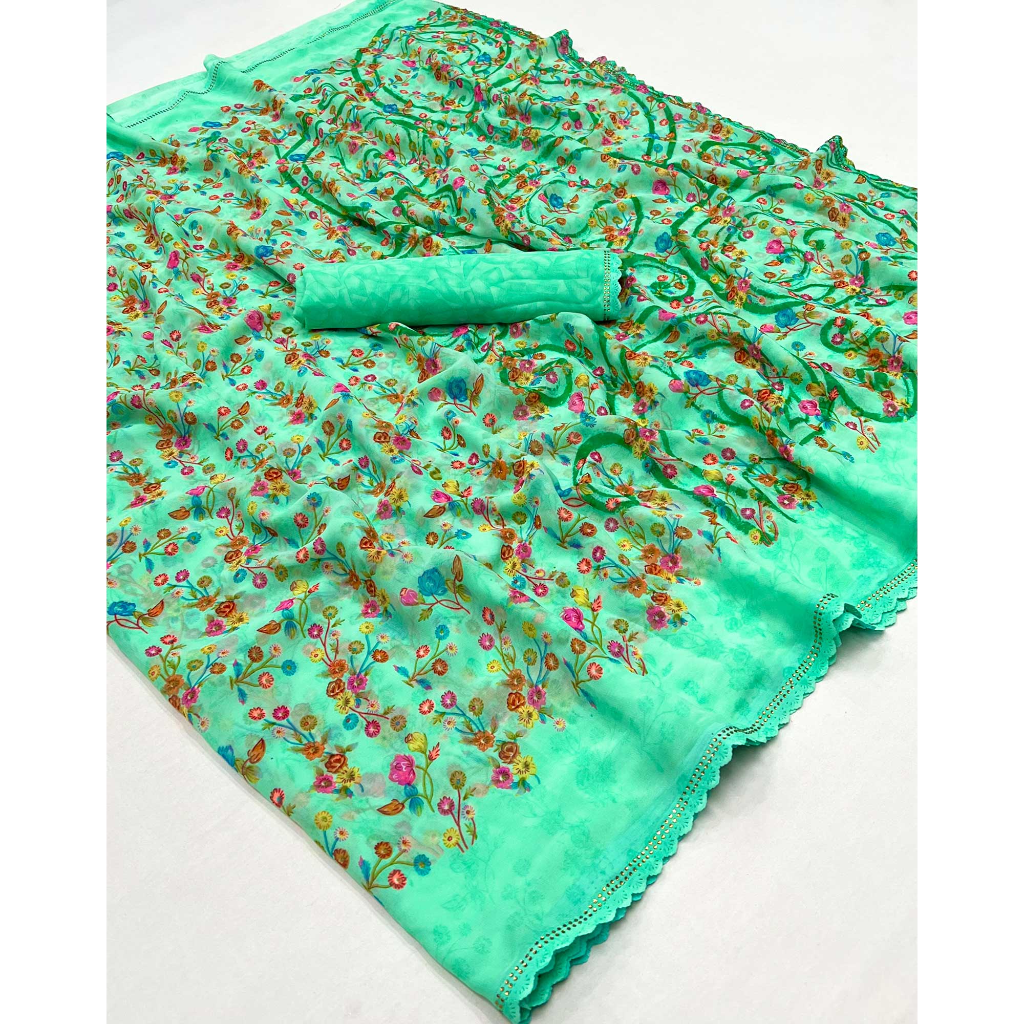 Sea Green Floral Printed Georgette Saree