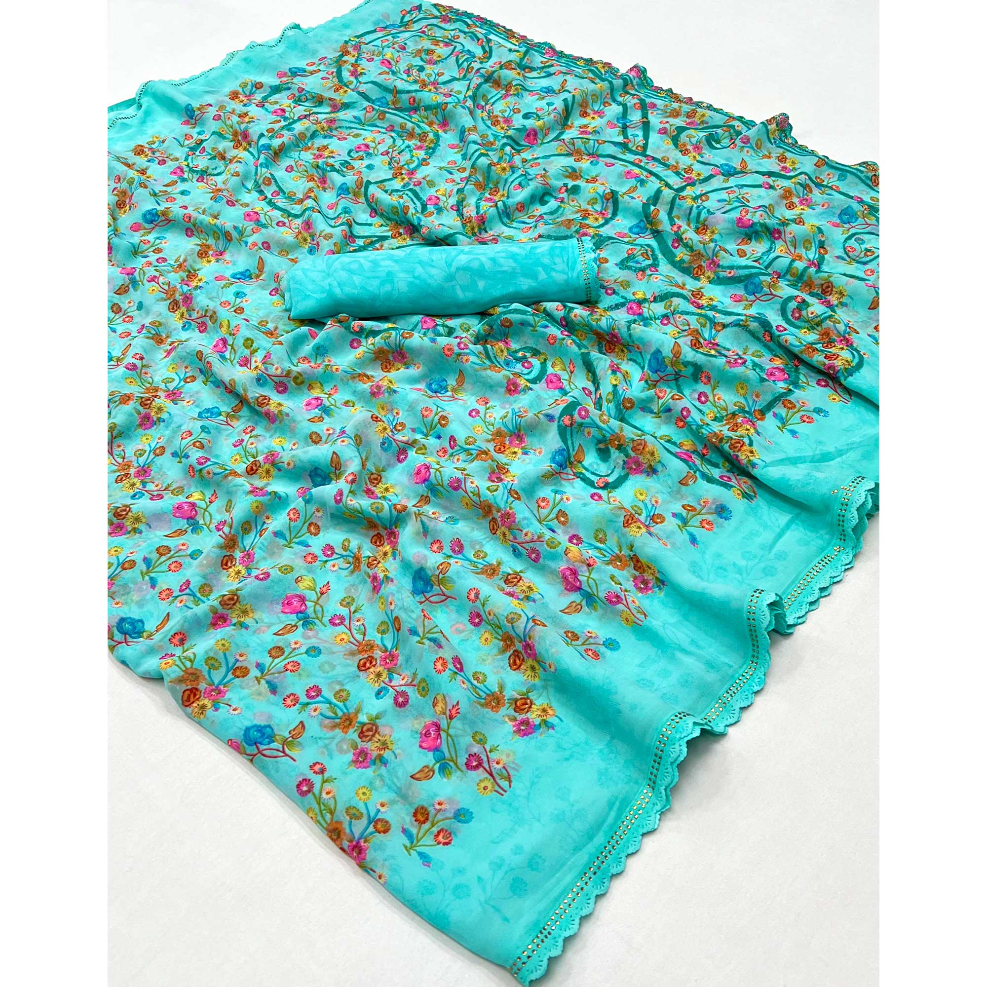Blue Floral Printed Georgette Saree